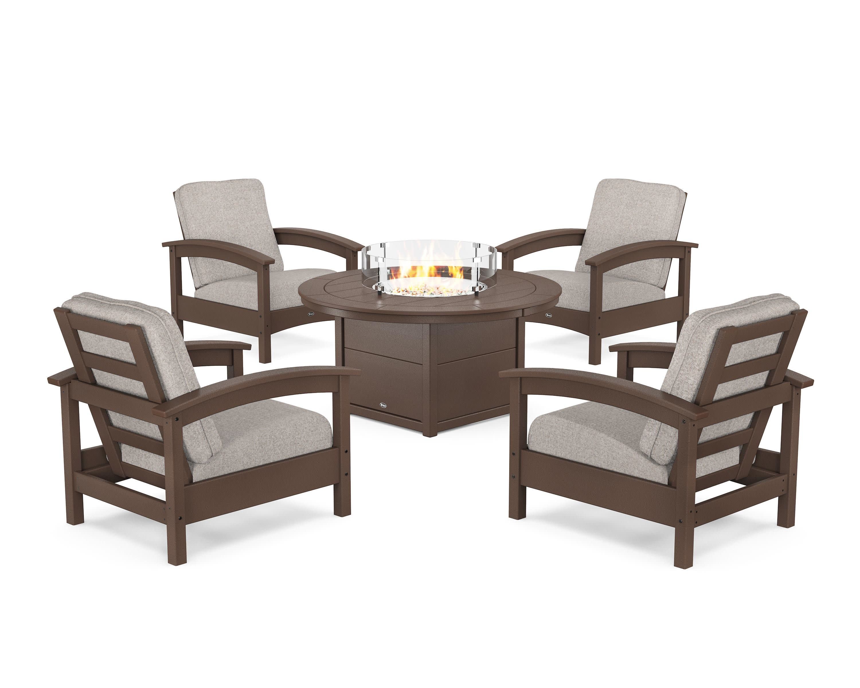 Rockport 5-Piece Deep Seating Set with Round Fire Pit Table in Vintage Lantern / Weathered Tweed