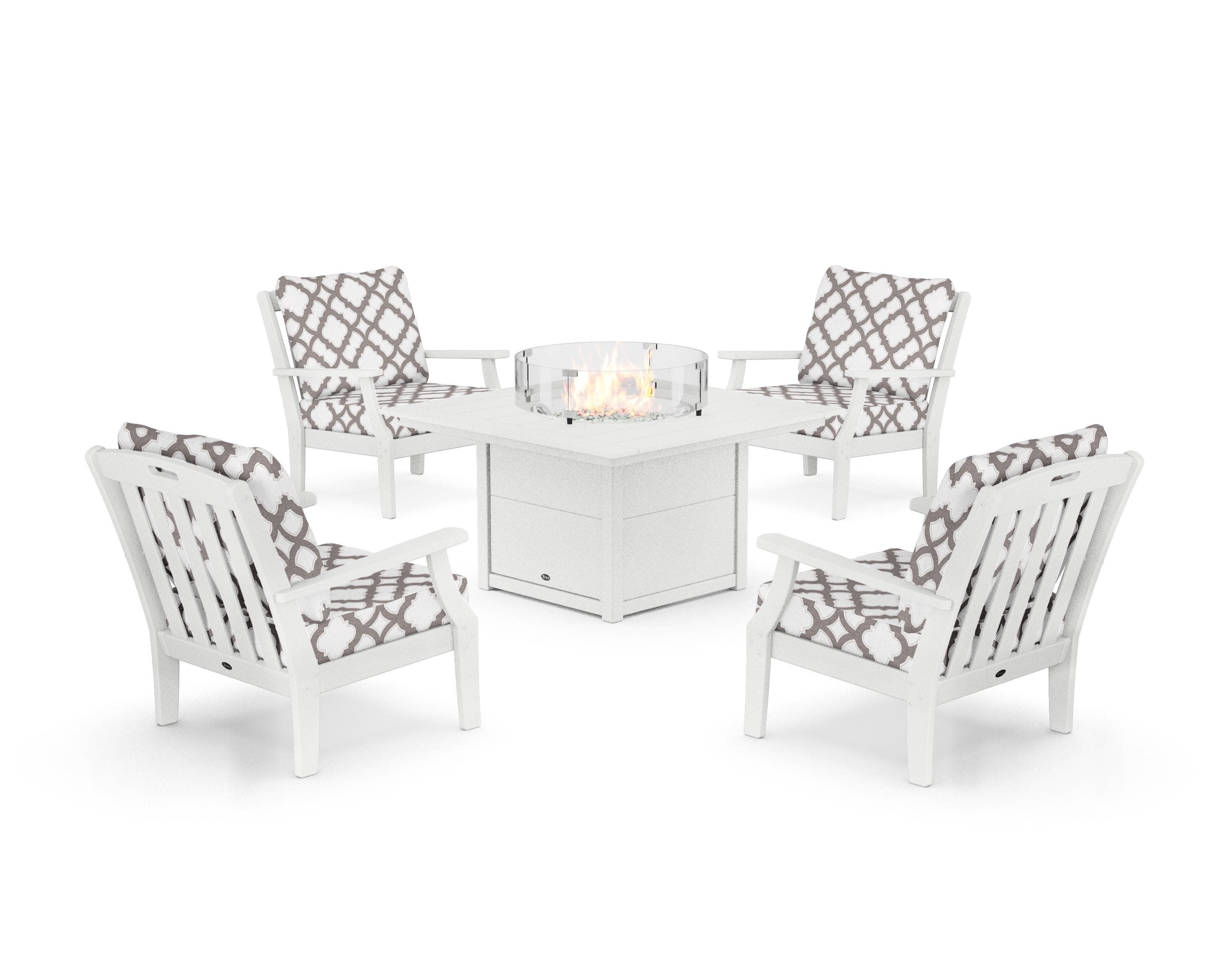 Yacht Club 5-Piece Deep Seating Set with Square Fire Pit Table in Classic White / Trellis Grey Mist