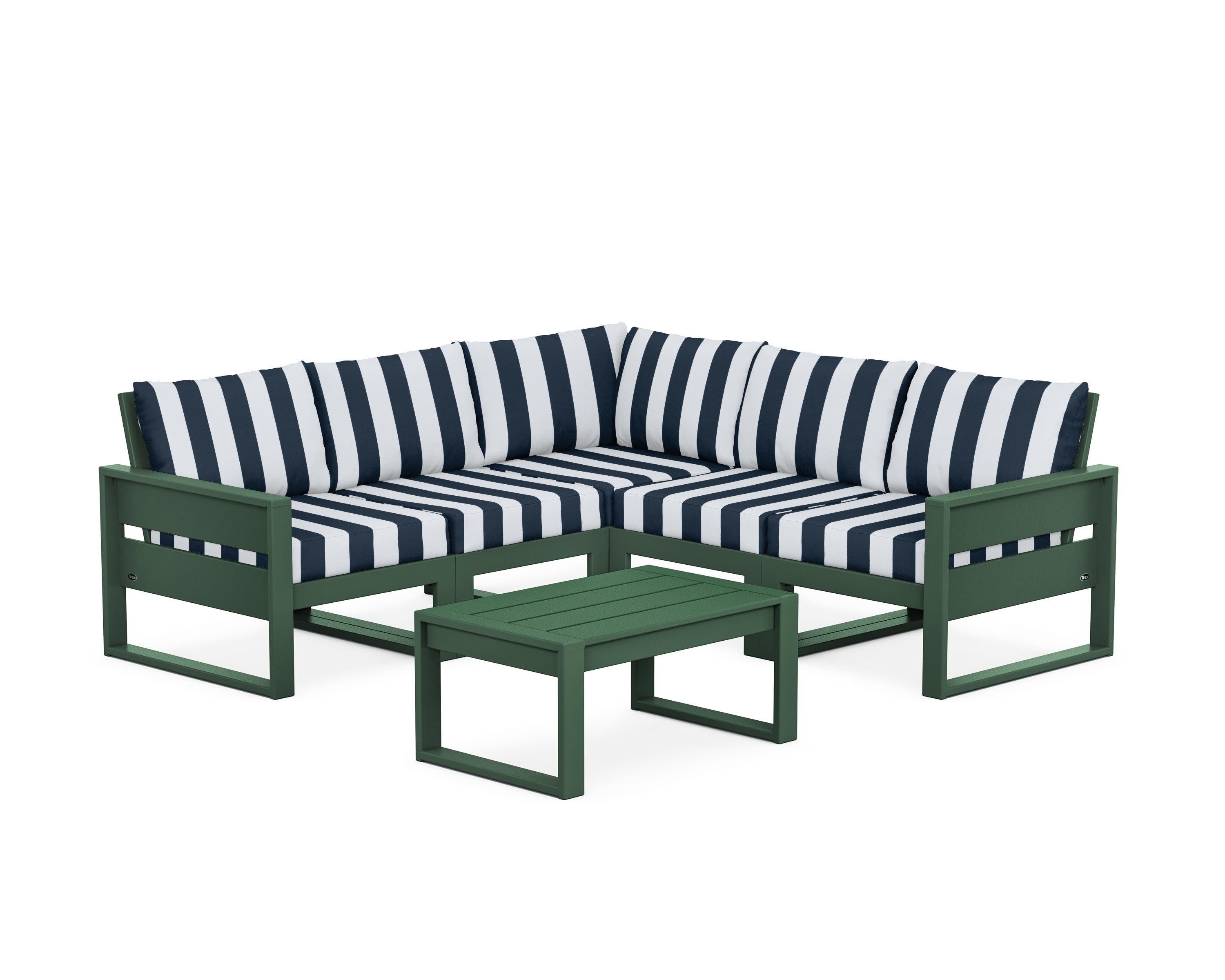Eastport 6-Piece Deep Seating Sectional + Coffee Table Set in Rainforest Canopy / Cabana Stripe Marine Indigo
