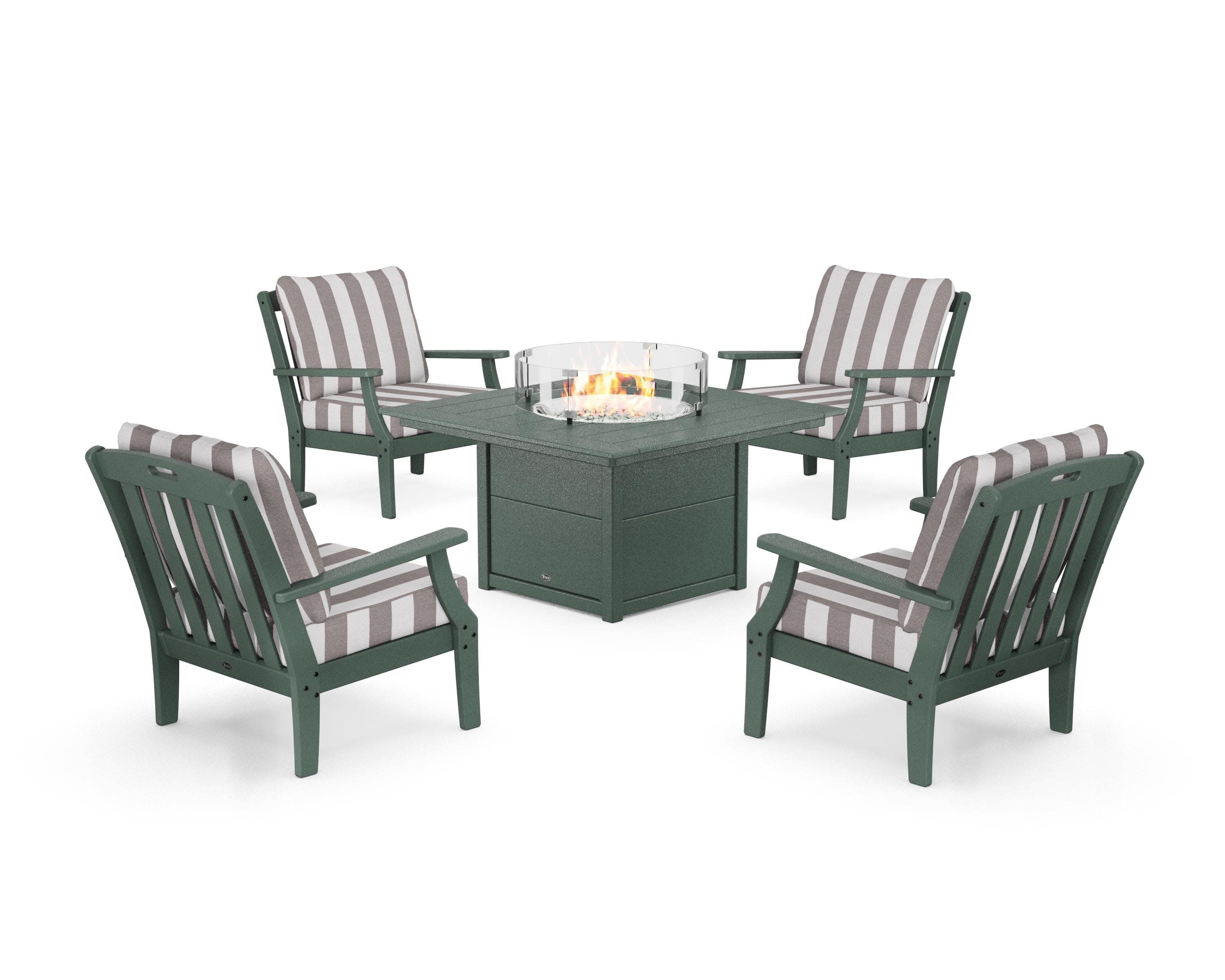 Yacht Club 5-Piece Deep Seating Set with Square Fire Pit Table in Rainforest Canopy / Cabana Stripe Grey Mist
