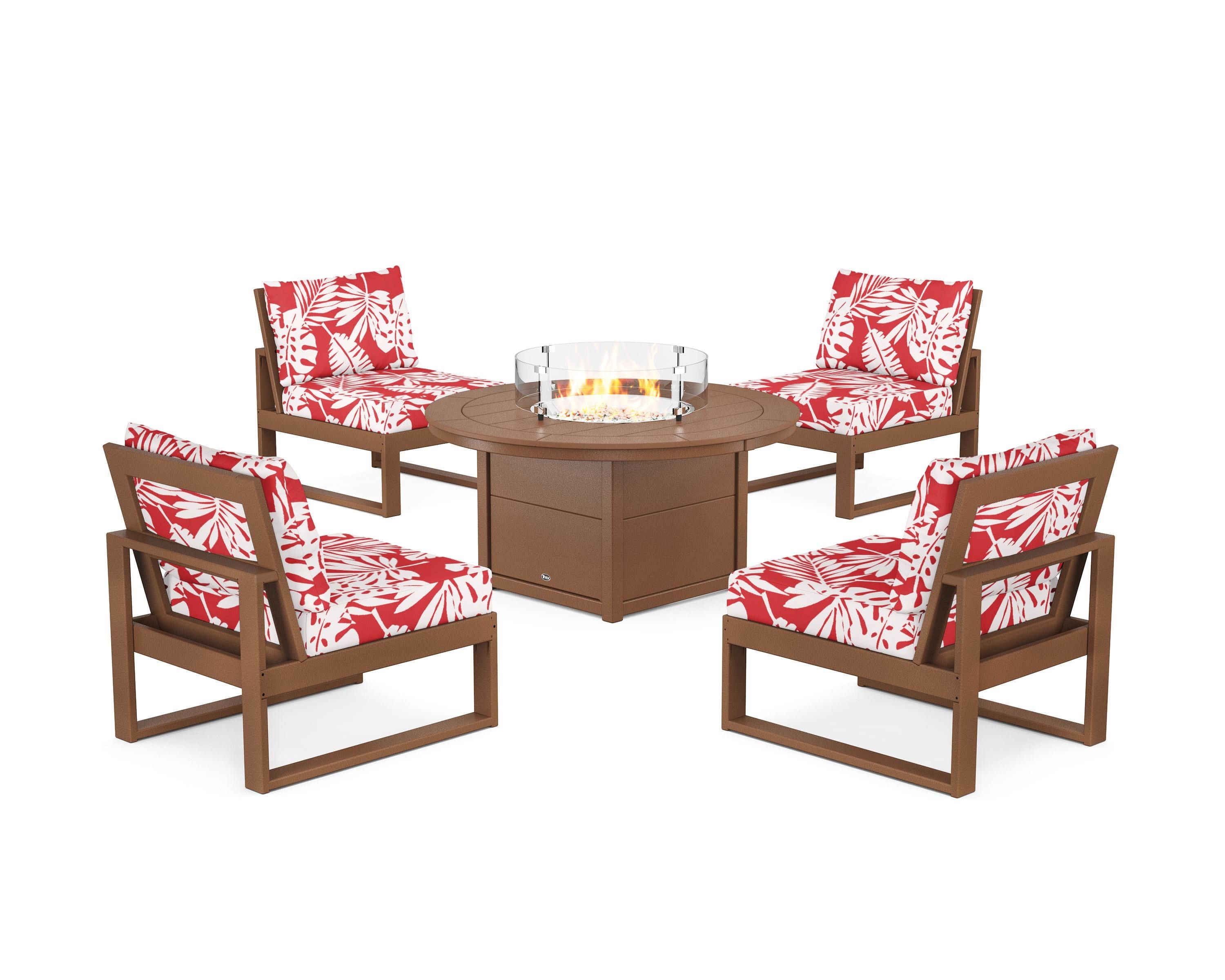 Eastport Modular 5-Piece Deep Seating Set with Round Fire Pit Table in Tree House / Leaf Crimson