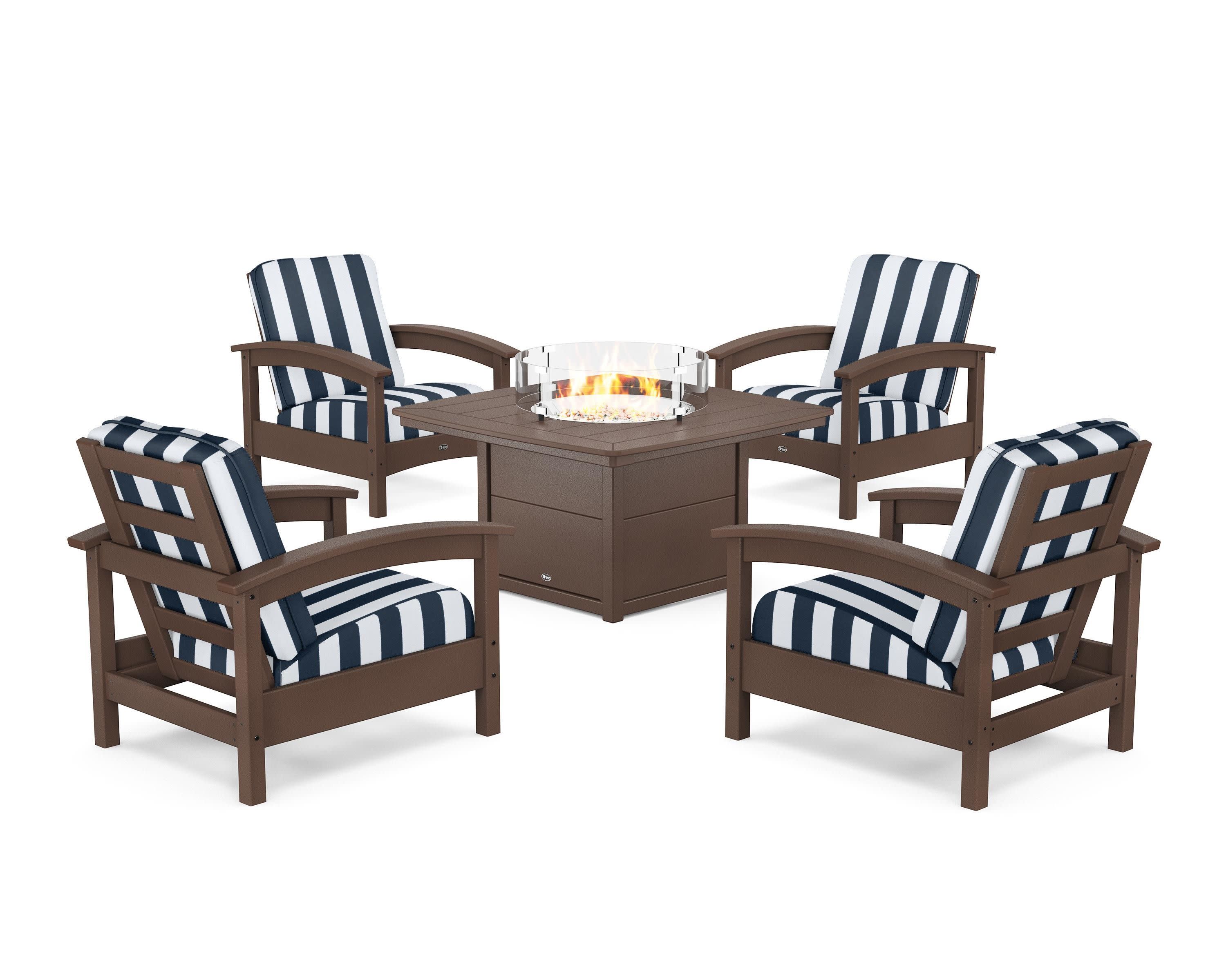 Rockport 5-Piece Deep Seating Set with Yacht Club Fire Pit Table in Vintage Lantern / Cabana Stripe Marine Indigo