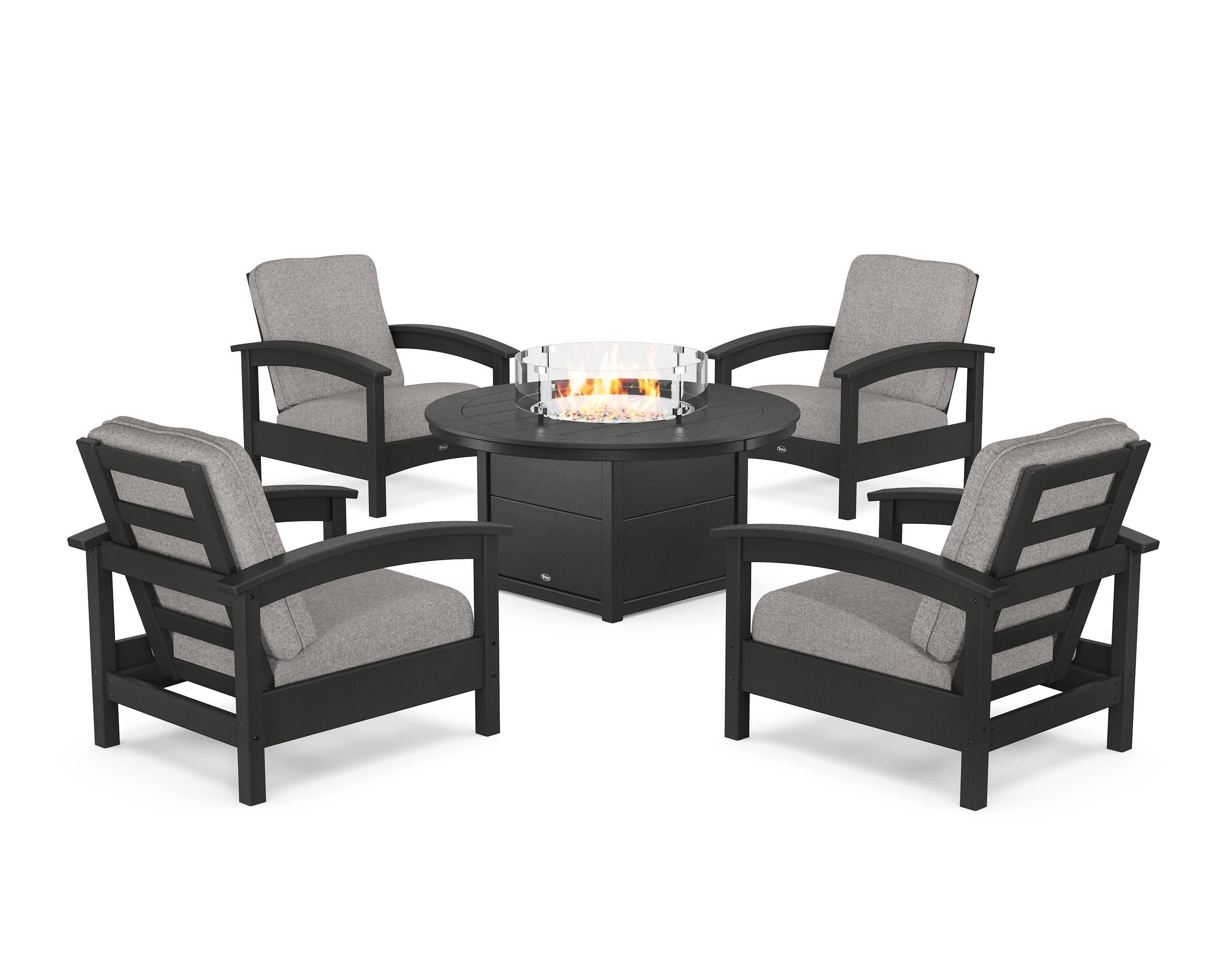 Rockport 5-Piece Deep Seating Set with Round Fire Pit Table in Charcoal Black / Grey Mist