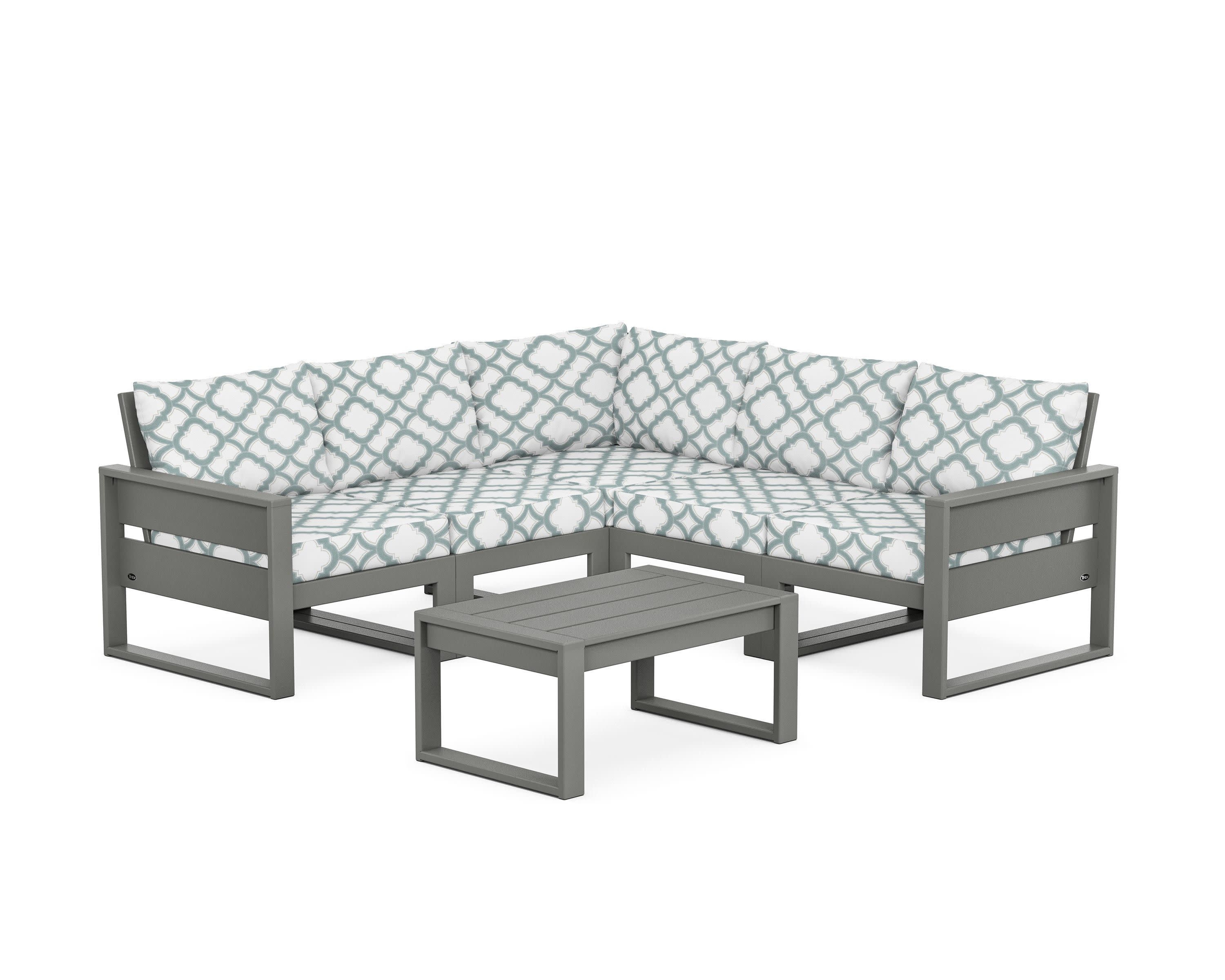 Eastport 6-Piece Deep Seating Sectional + Coffee Table Set in Stepping Stone / Trellis Glacier Spa