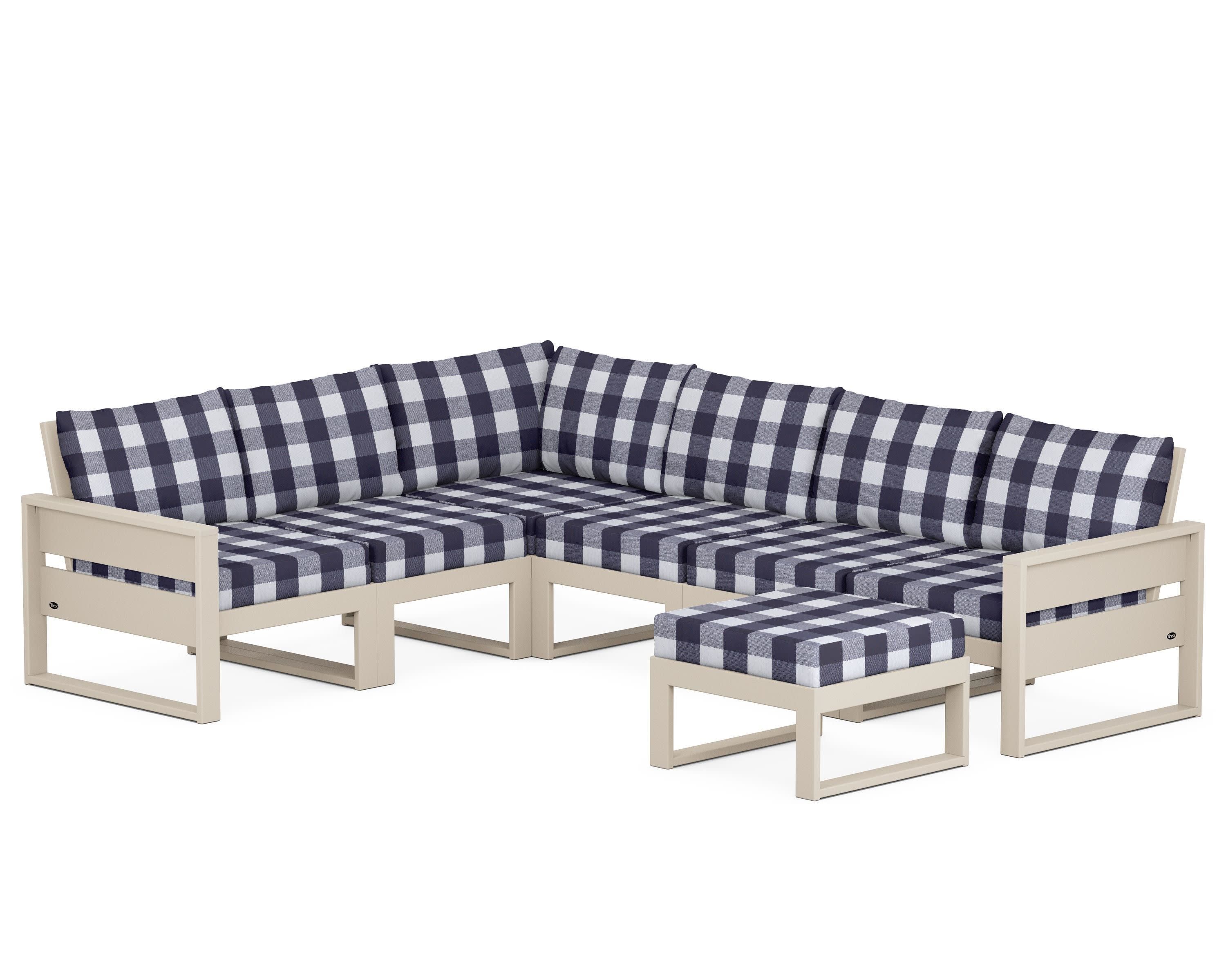 Eastport 6-Piece Sectional with Ottoman in Sand Castle / Buffalo Plaid Navy