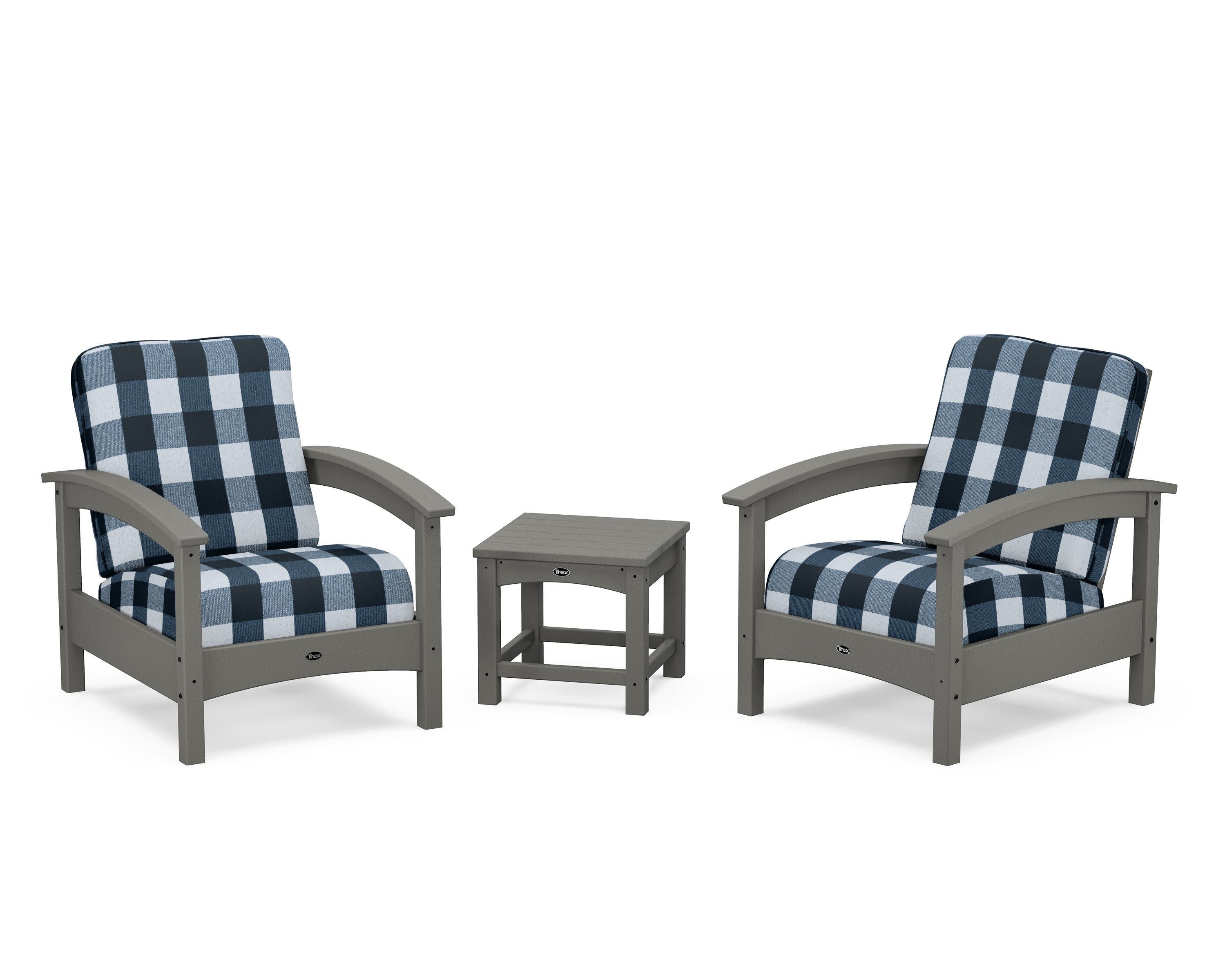 Rockport Club 3-Piece Deep Seating Conversation Set in Stepping Stone / Buffalo Plaid Marine Indigo