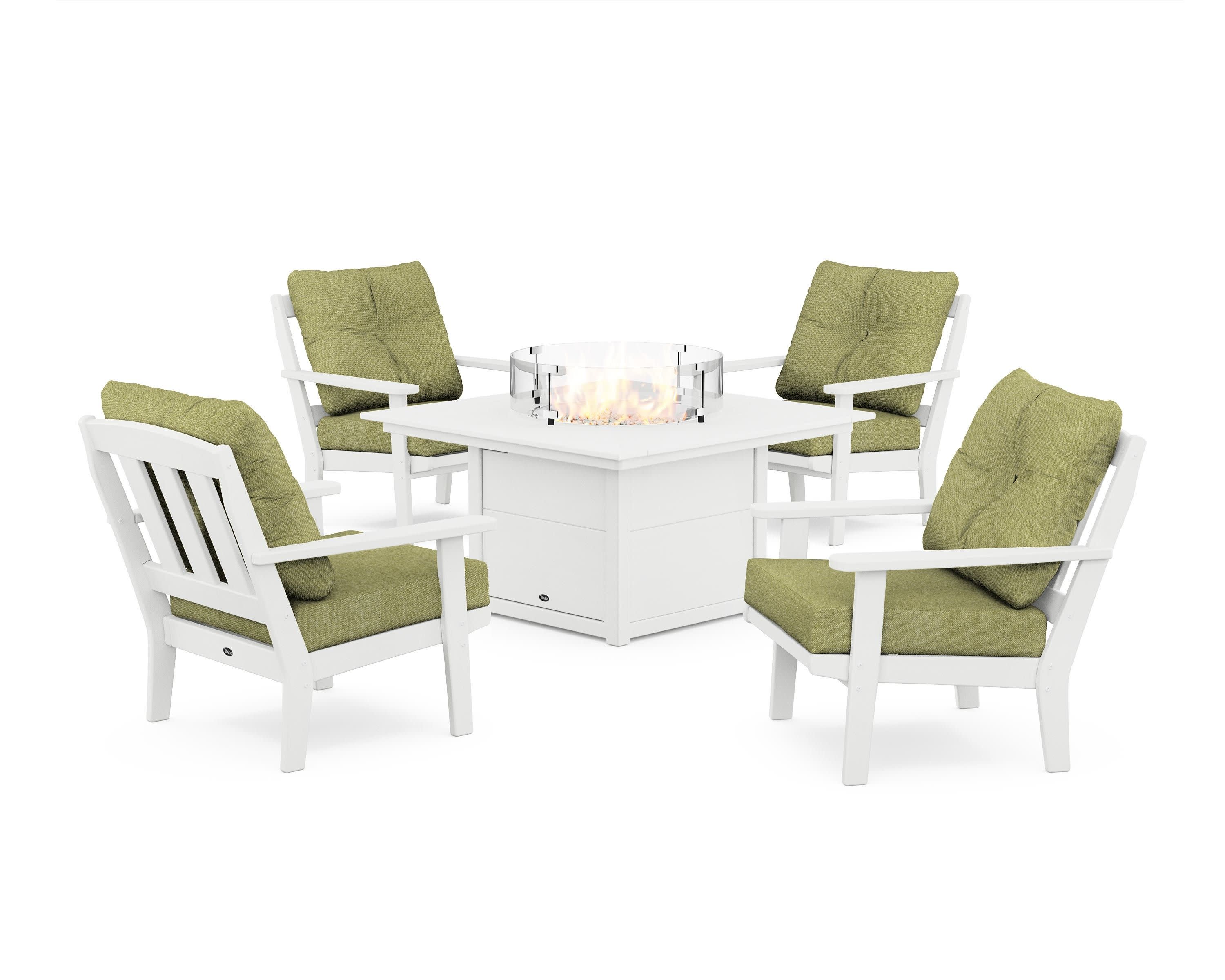 Cape Cod 5-Piece Deep Seating Set with Fire Pit Table in Classic White / Chartreuse Boucle