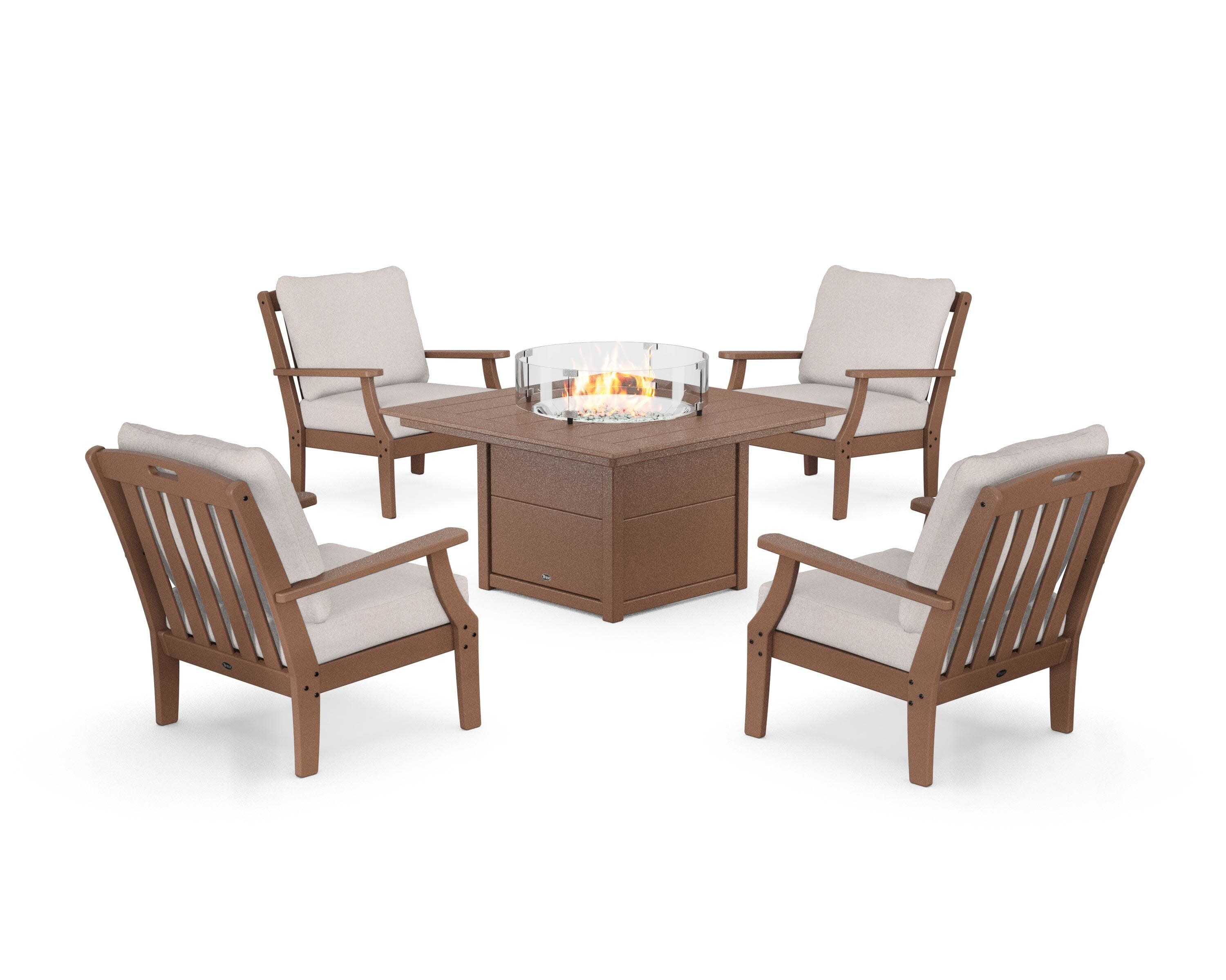 Yacht Club 5-Piece Deep Seating Set with Square Fire Pit Table in Tree House / Dune Burlap