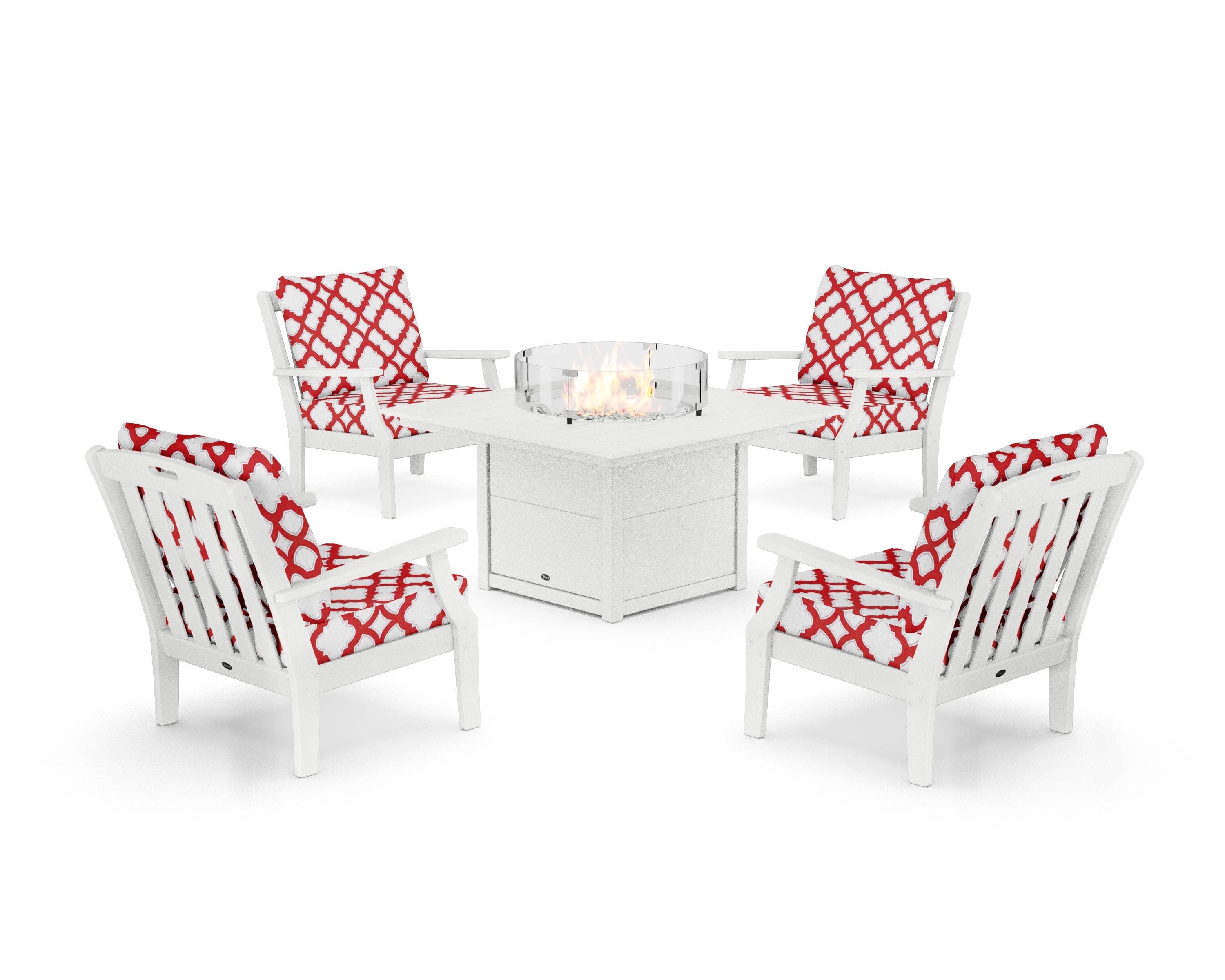 Yacht Club 5-Piece Deep Seating Set with Square Fire Pit Table in Classic White / Trellis Crimson