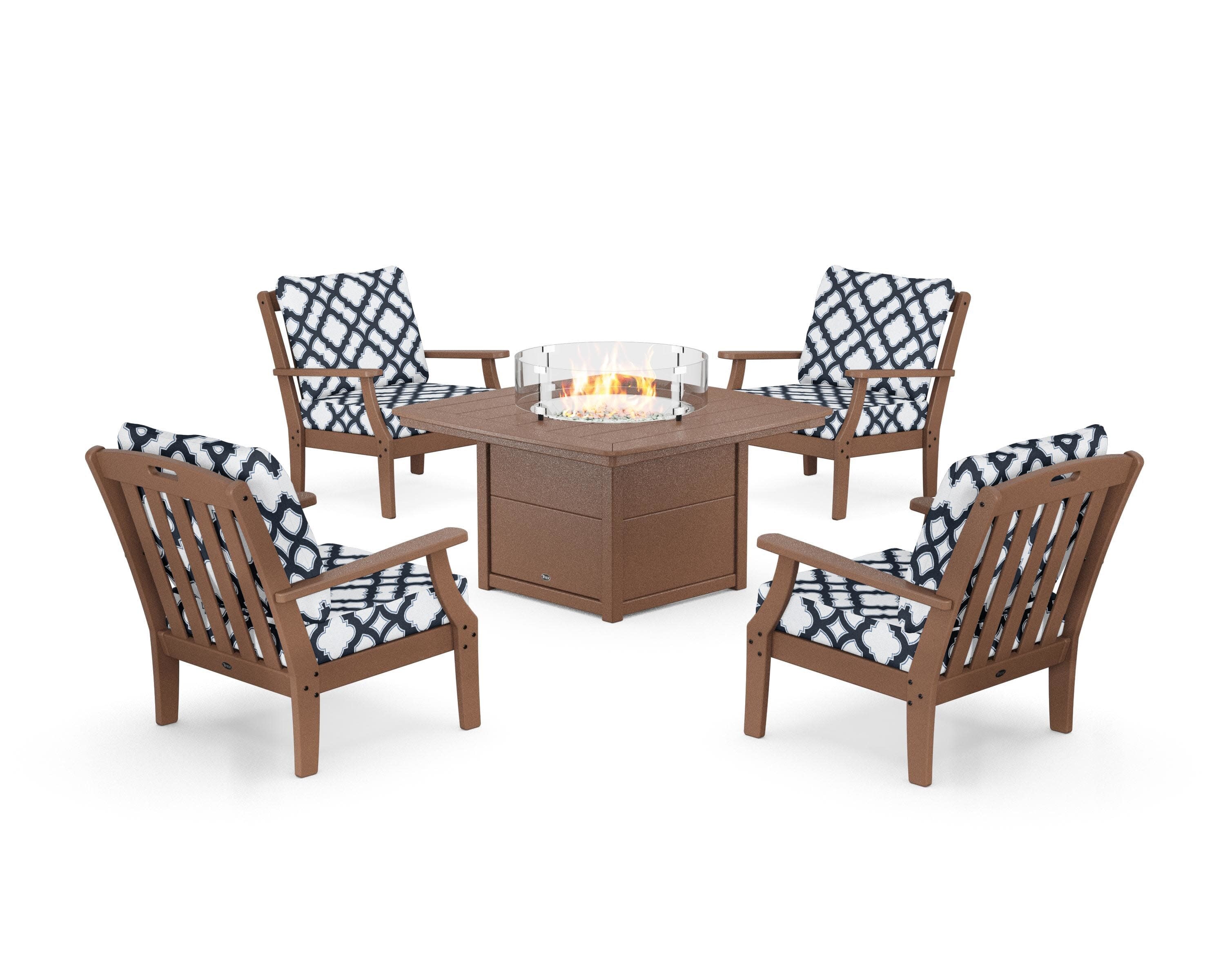 Yacht Club 5-Piece Deep Seating Set with Fire Pit Table in Tree House / Trellis Marine Indigo