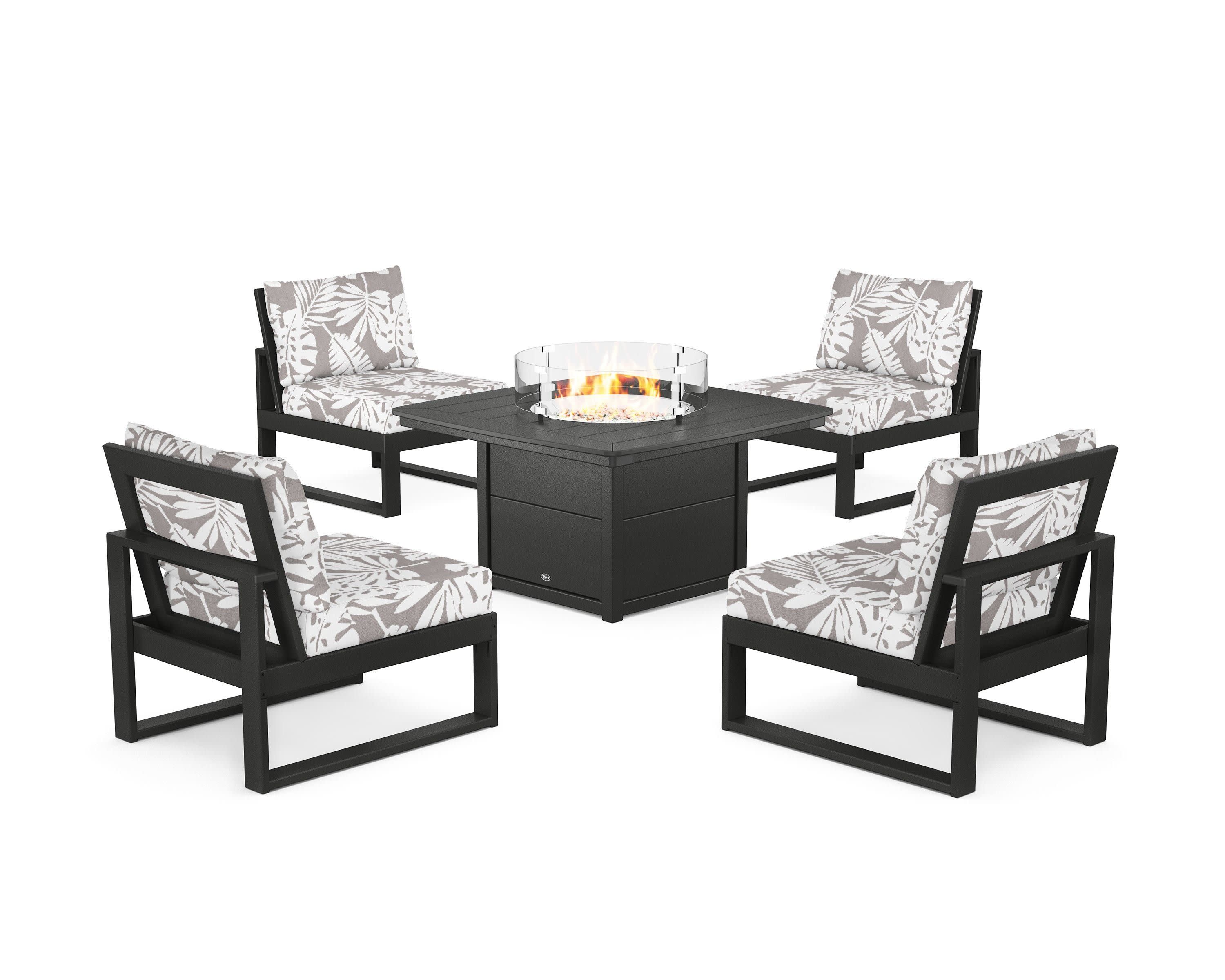 Eastport Modular 5-Piece Deep Seating Set with Yacht Club Fire Pit Table in Charcoal Black / Leaf Grey Mist