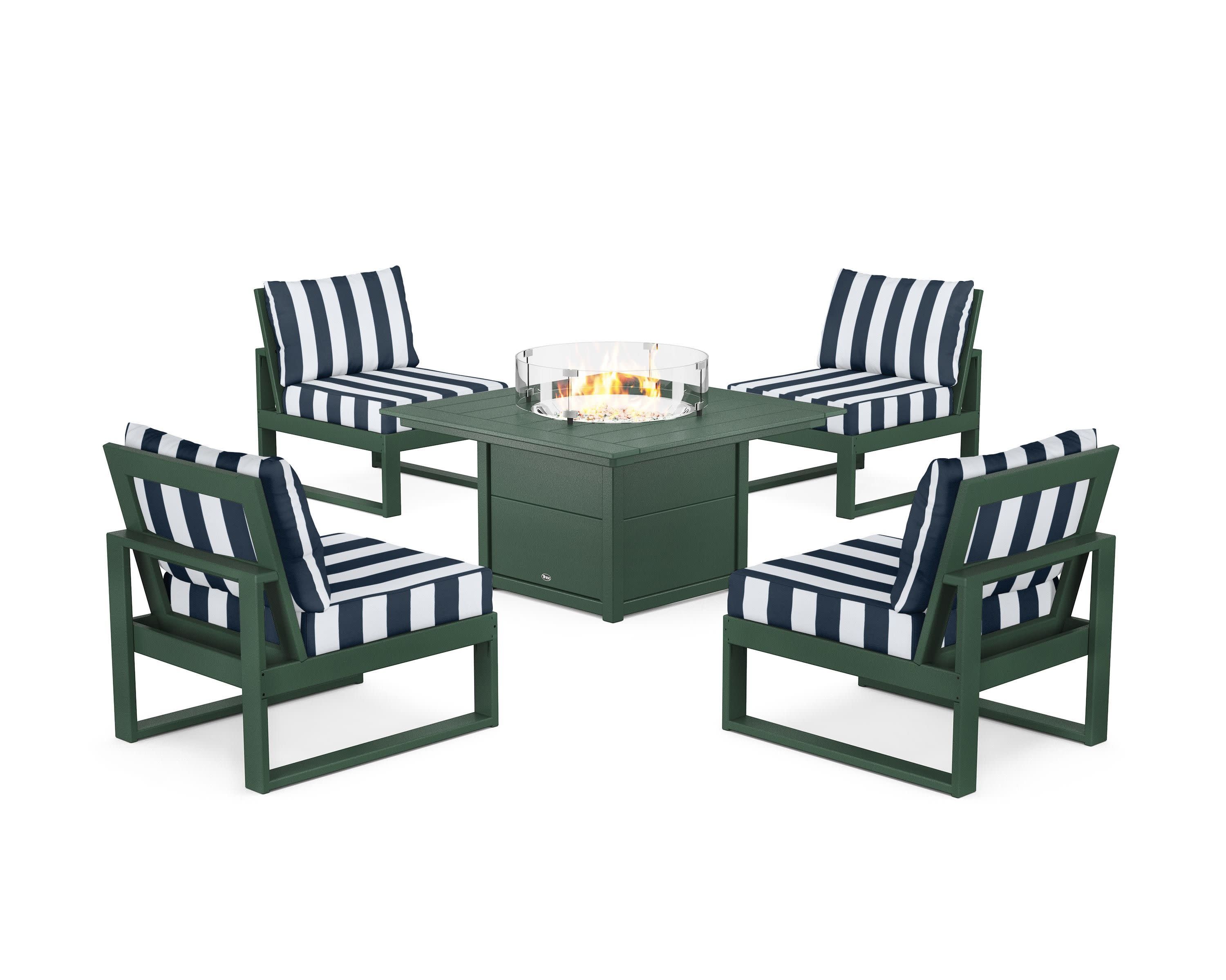 Eastport Modular 5-Piece Deep Seating Set with Square Fire Pit Table in Rainforest Canopy / Cabana Stripe Marine Indigo