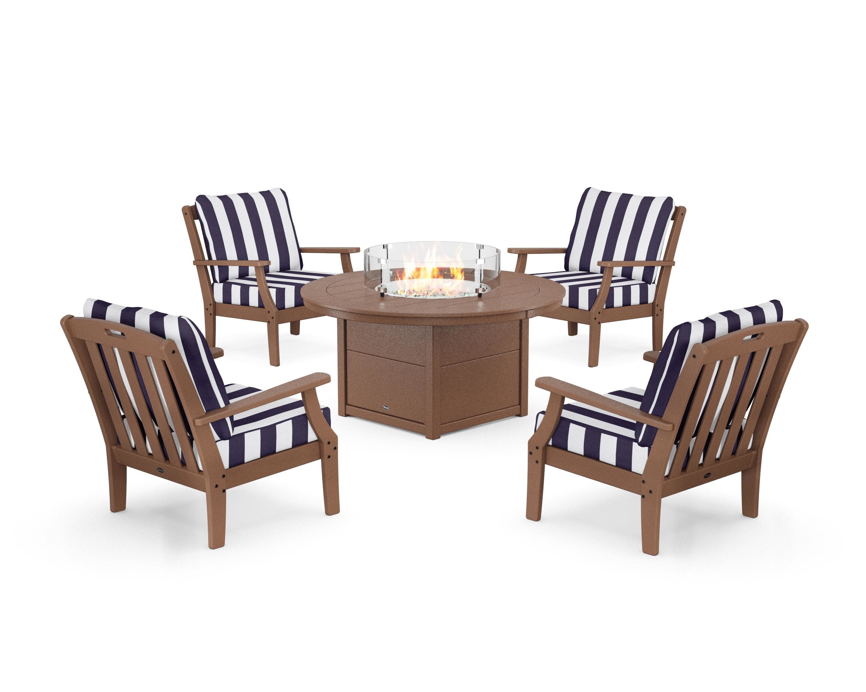 Yacht Club 5-Piece Deep Seating Set with Round Fire Pit Table in Tree House / Cabana Stripe Navy