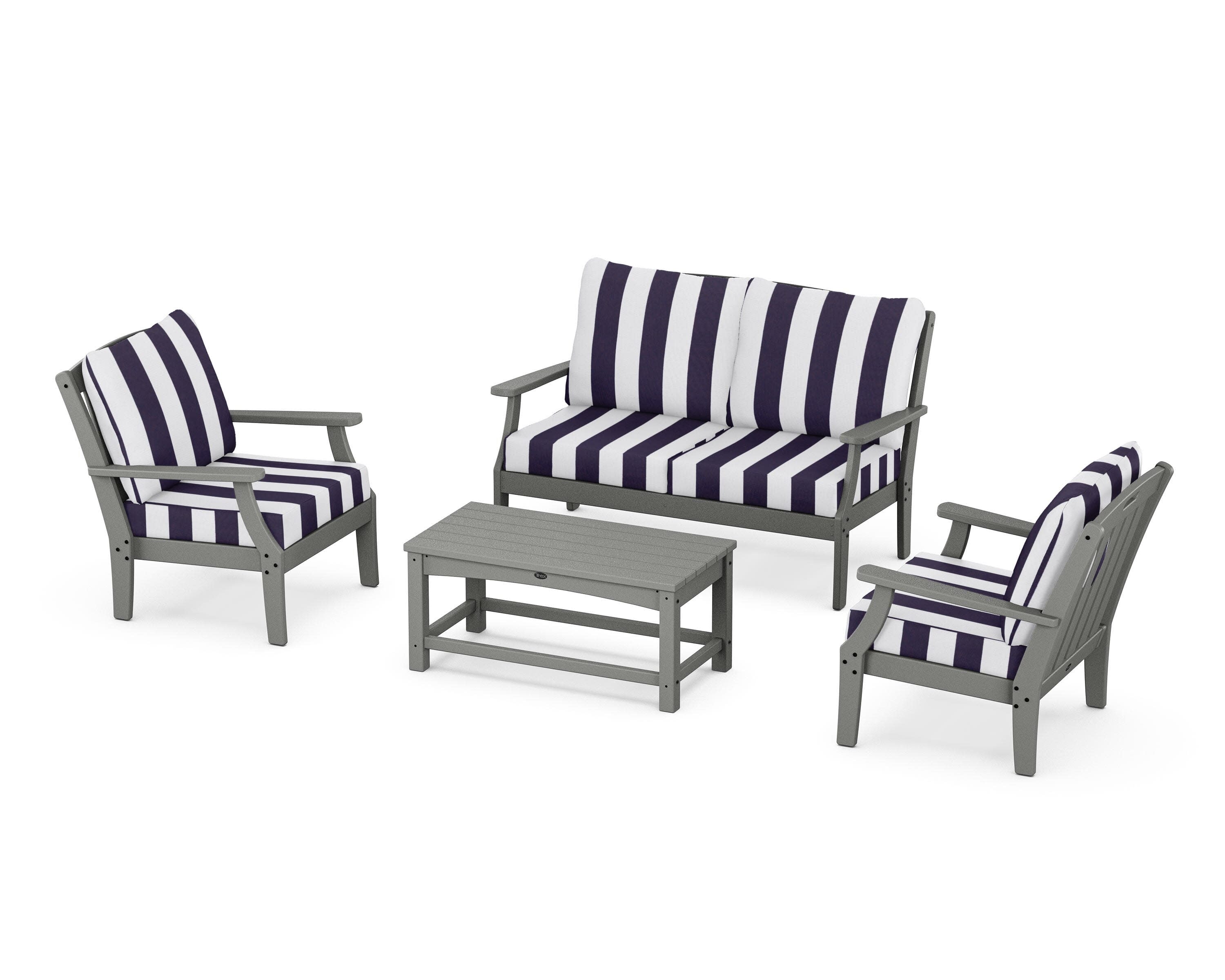 Yacht Club 4-Piece Deep Seating Chair Set in Stepping Stone / Cabana Stripe Navy