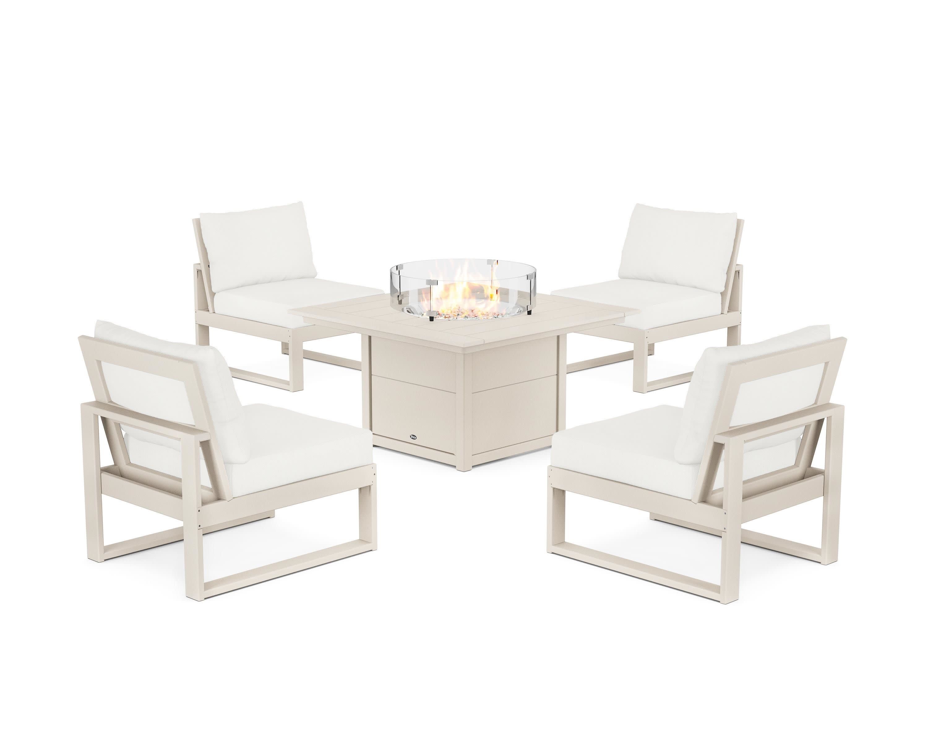 Eastport Modular 5-Piece Deep Seating Set with Square Fire Pit Table in Sand Castle / Natural Linen