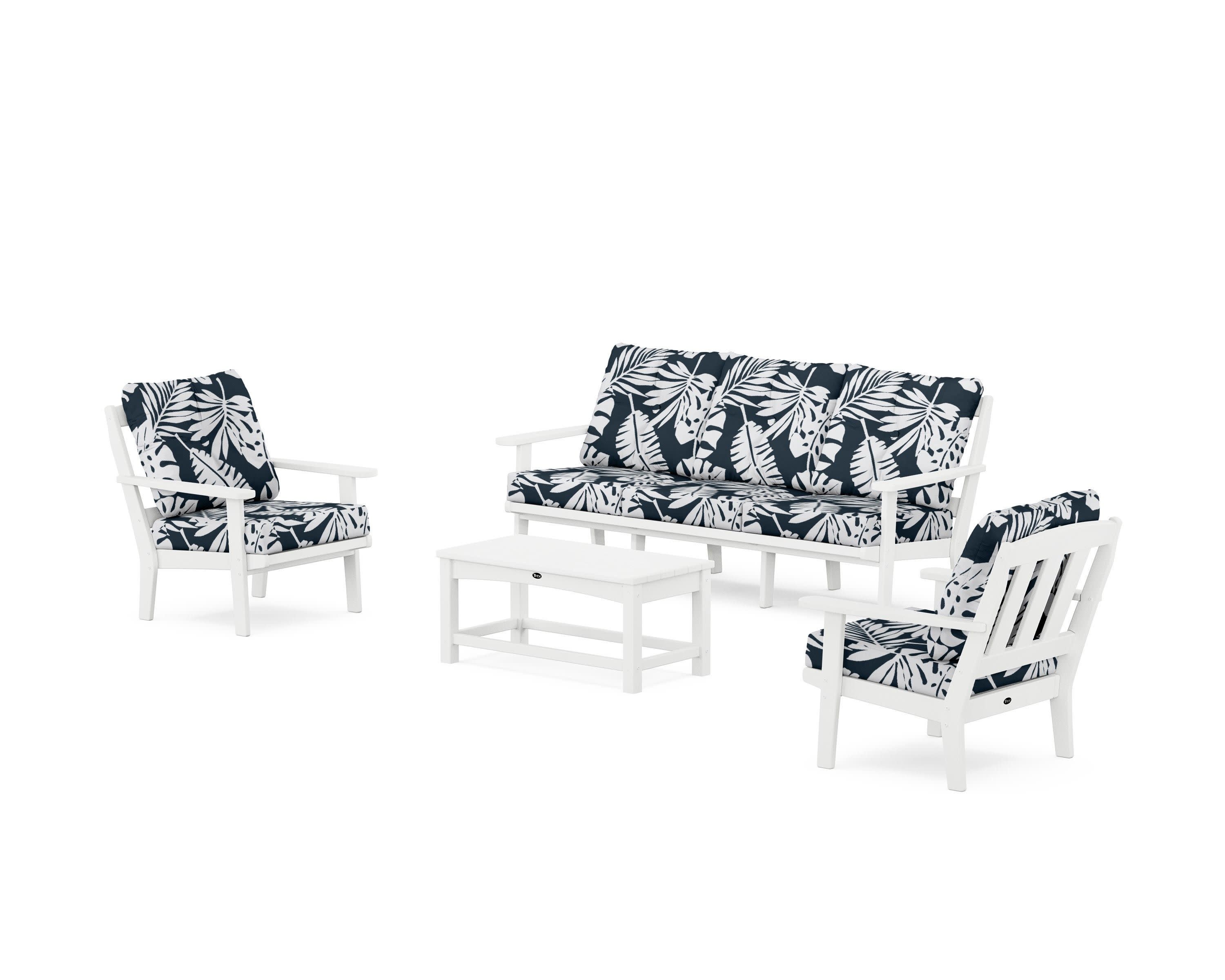 Cape Cod 4-Piece Deep Seating Set with Sofa in Classic White / Leaf Marine Indigo