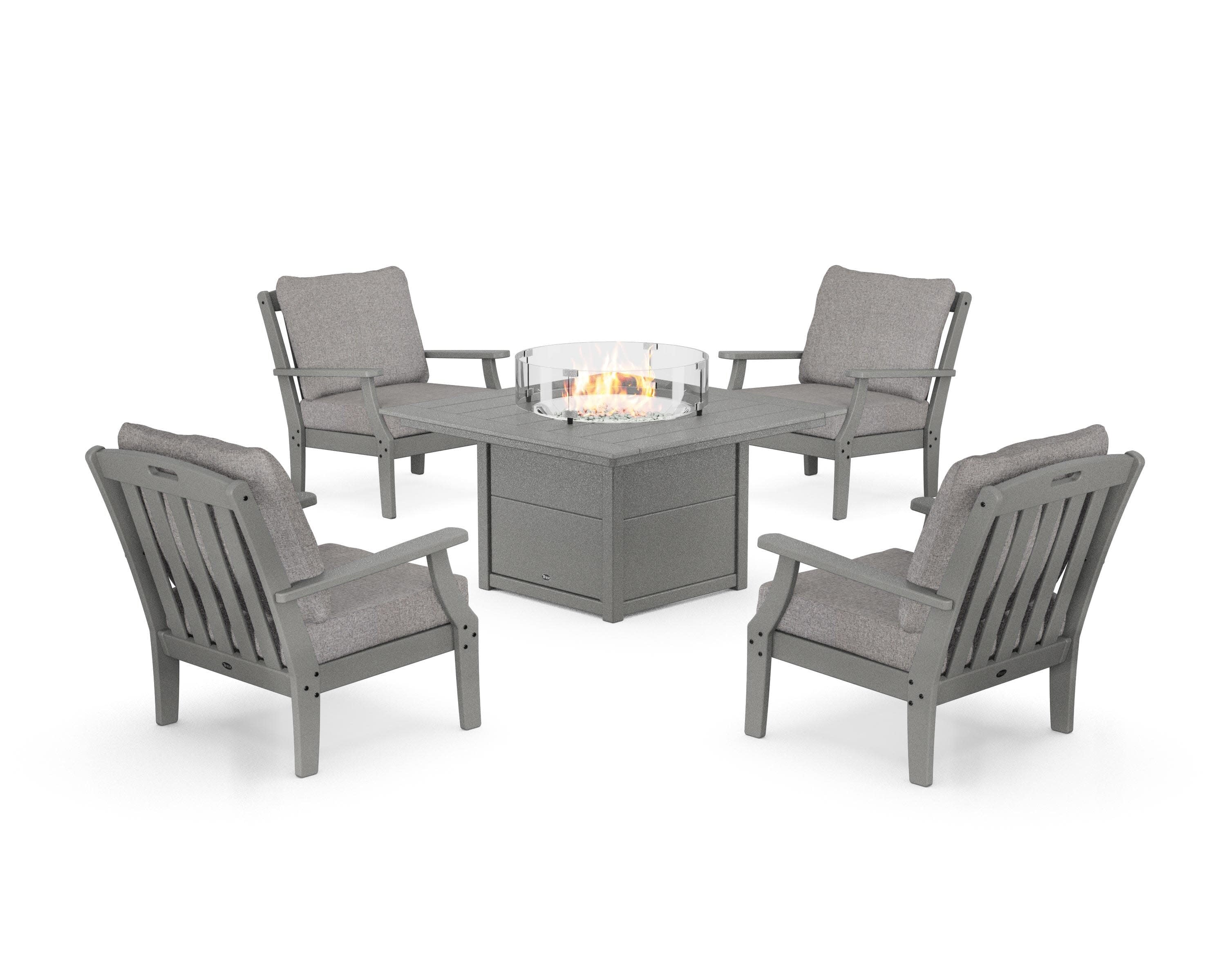 Yacht Club 5-Piece Deep Seating Set with Square Fire Pit Table in Stepping Stone / Grey Mist
