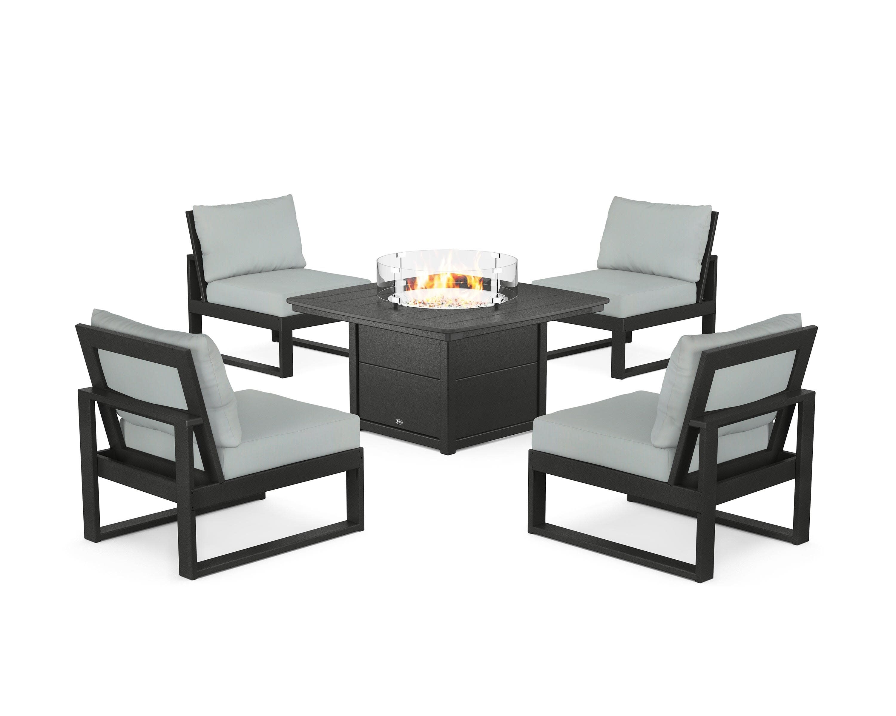 Eastport Modular 5-Piece Deep Seating Set with Yacht Club Fire Pit Table in Charcoal Black / Spa