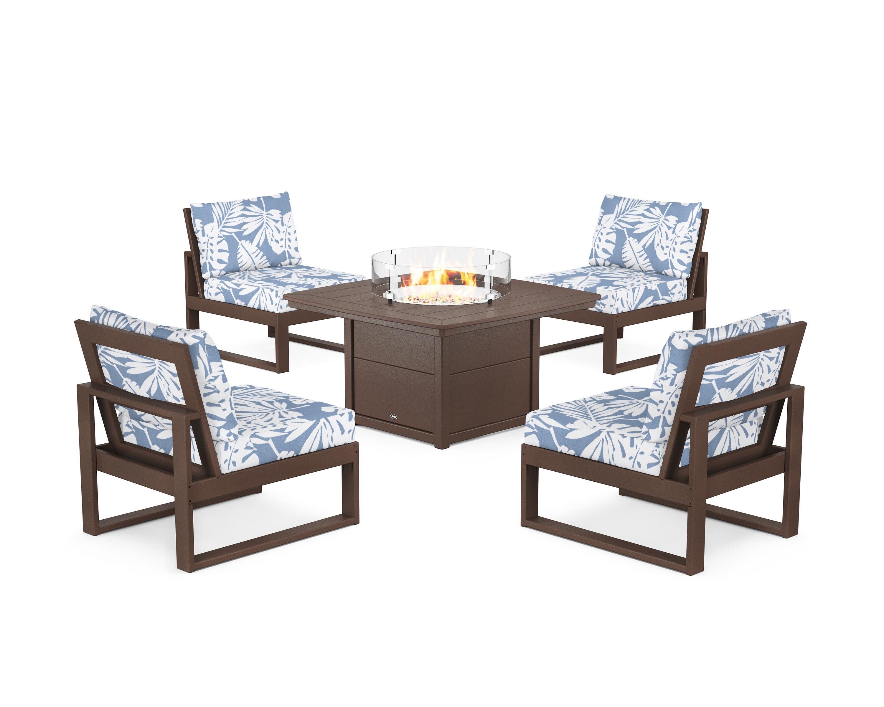 Eastport Modular 5-Piece Deep Seating Set with Yacht Club Fire Pit Table in Vintage Lantern / Leaf Sky Blue