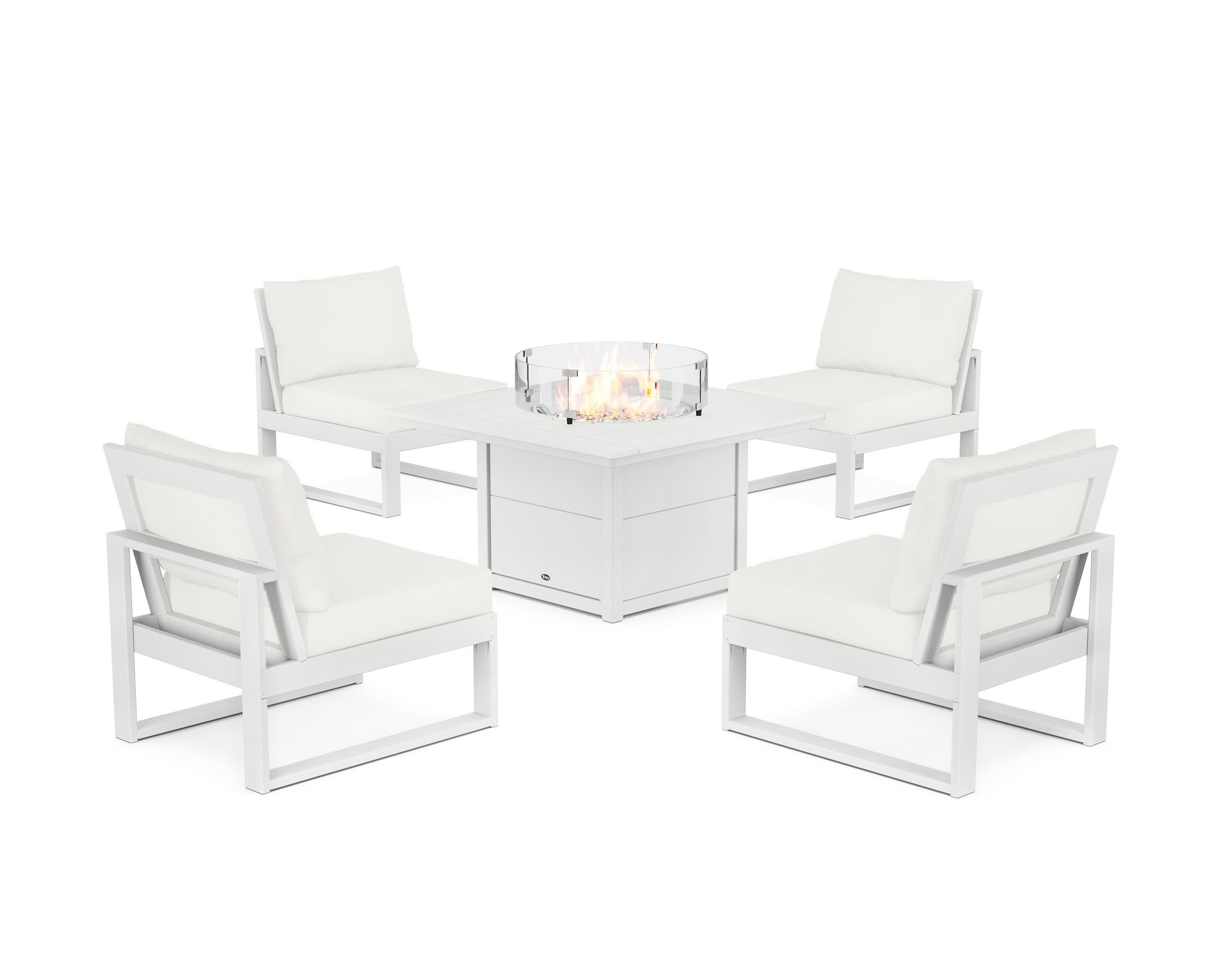 Eastport Modular 5-Piece Deep Seating Set with Square Fire Pit Table in Classic White / Natural Linen