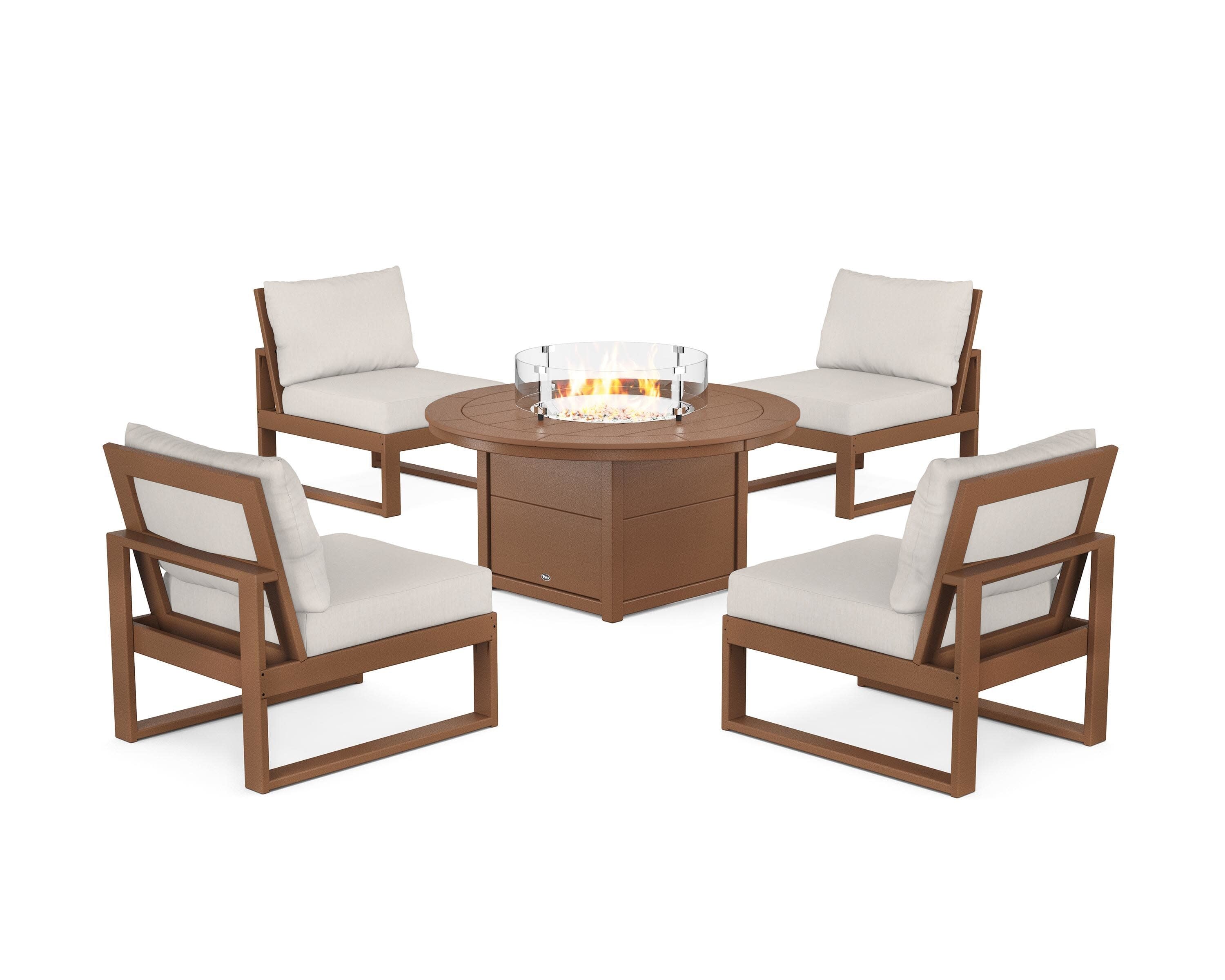 Eastport Modular 5-Piece Deep Seating Set with Round Fire Pit Table in Tree House / Cast Ash