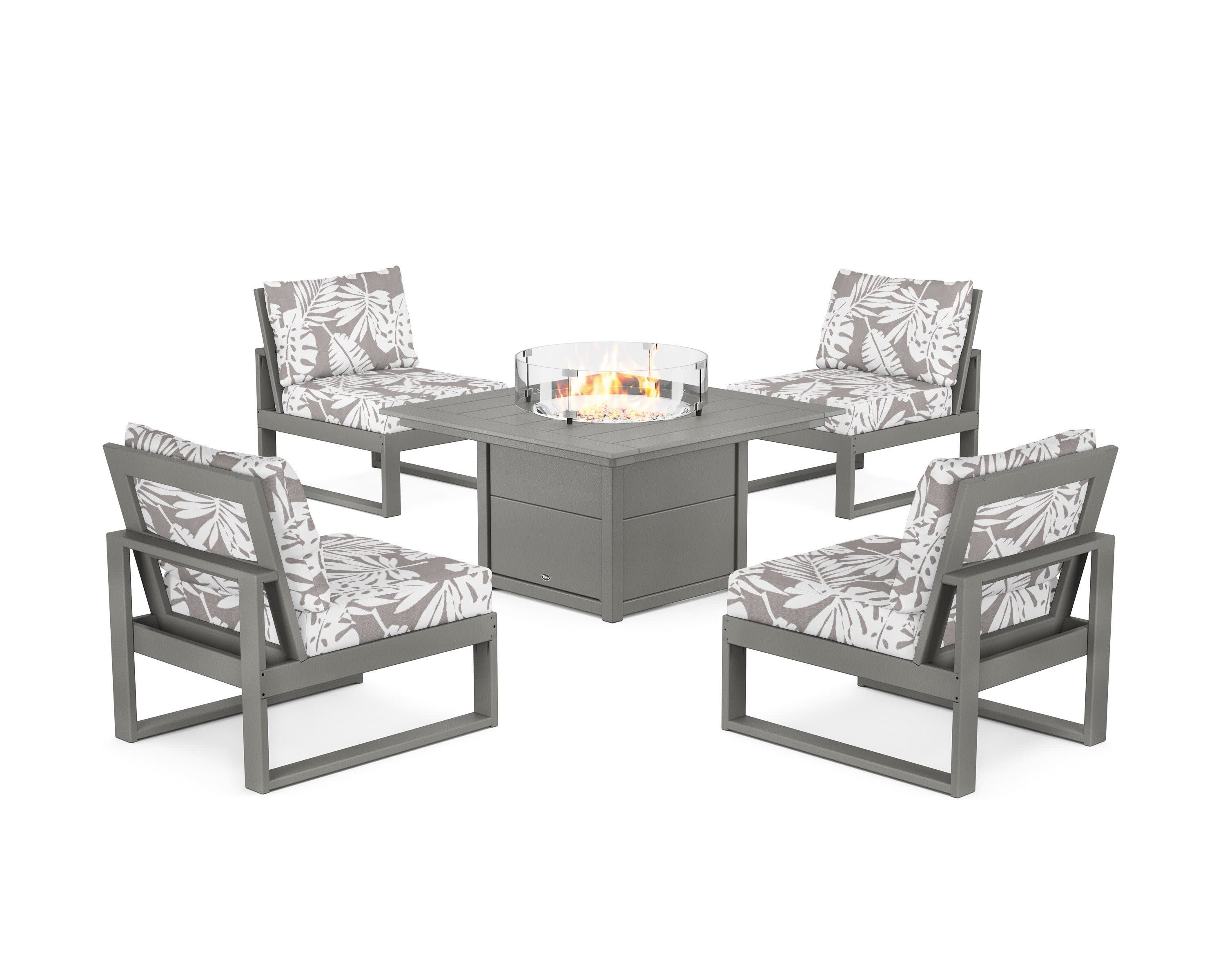 Eastport Modular 5-Piece Deep Seating Set with Square Fire Pit Table in Stepping Stone / Leaf Grey Mist