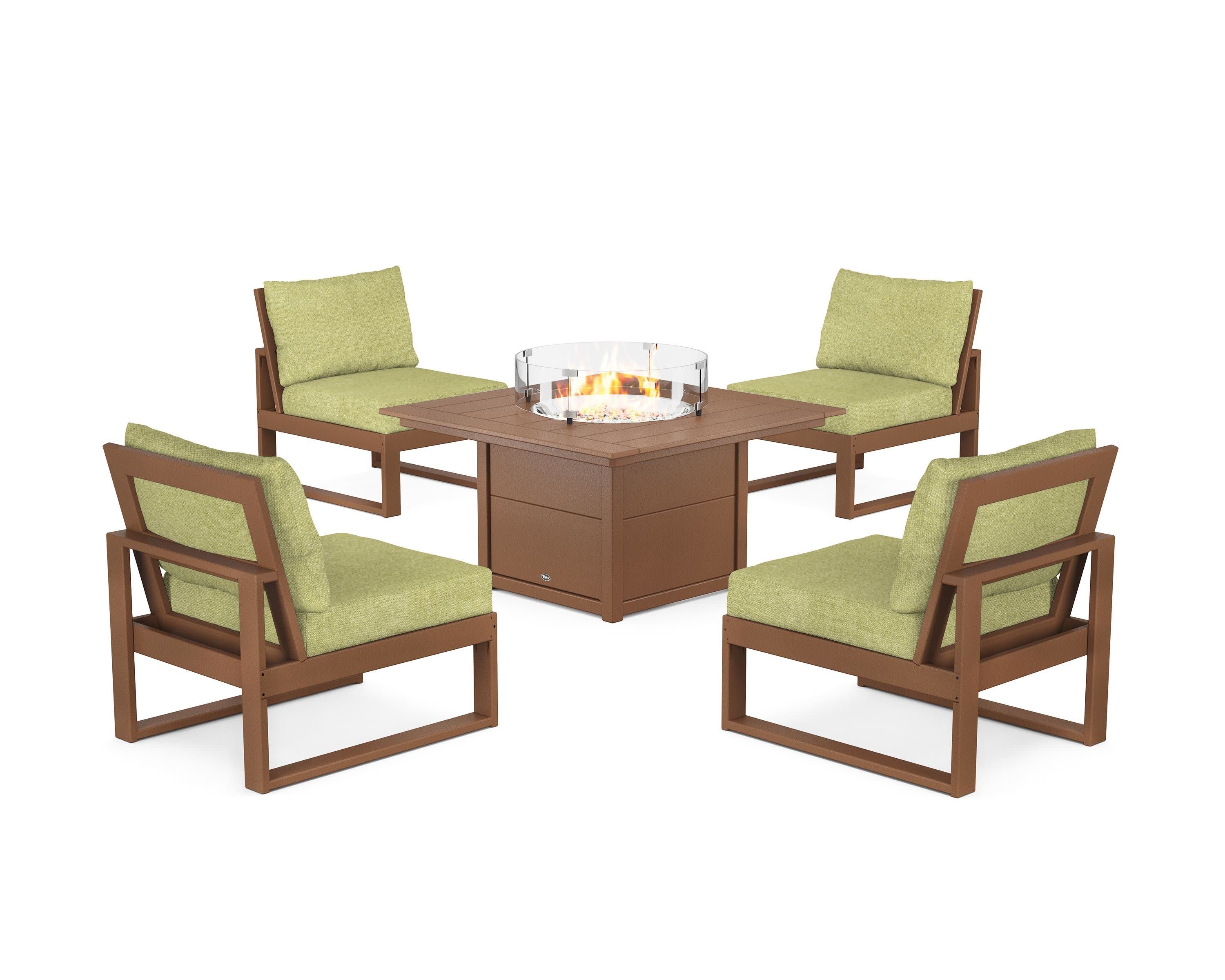 Eastport Modular 5-Piece Deep Seating Set with Square Fire Pit Table in Tree House / Chartreuse Boucle