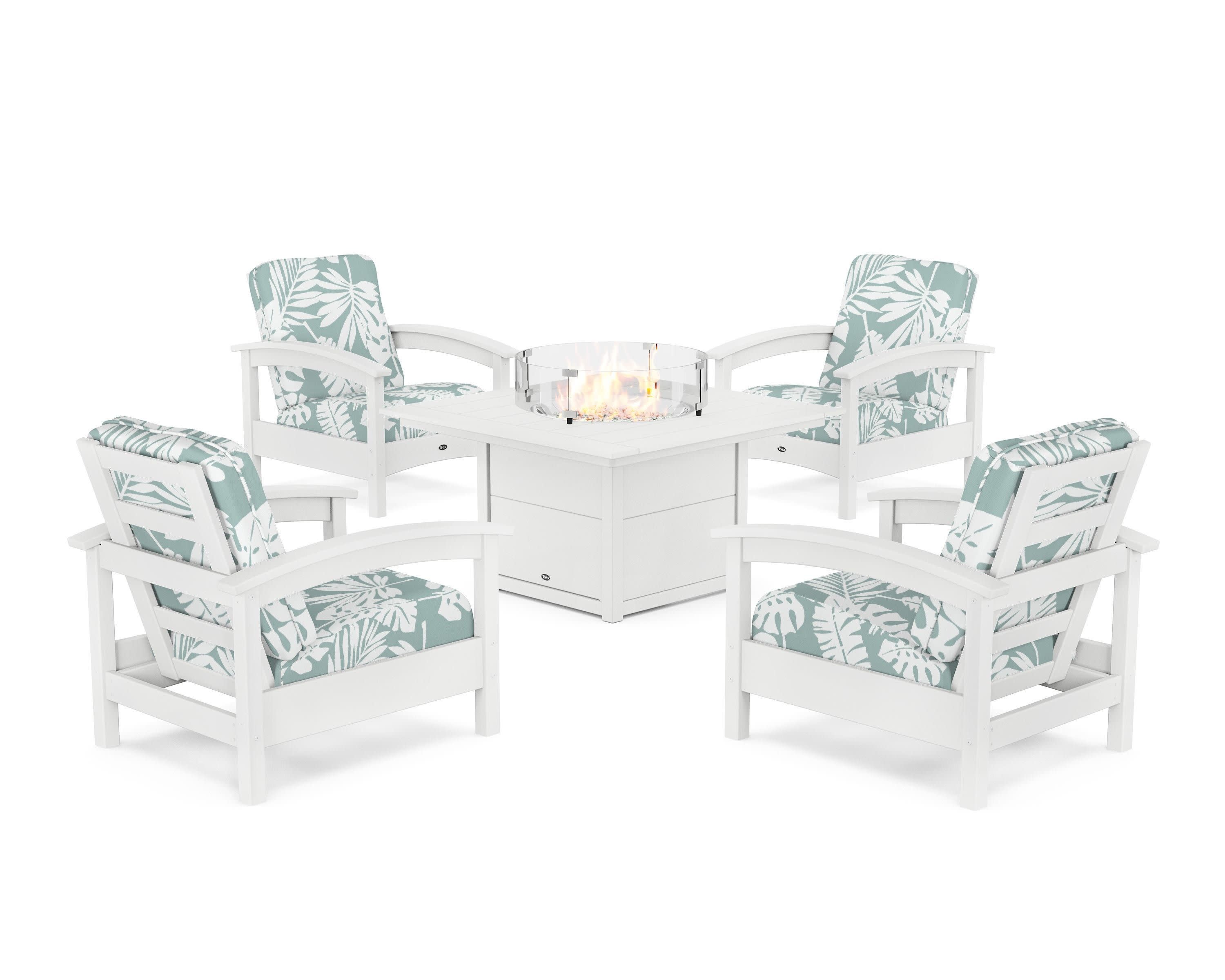 Rockport 5-Piece Deep Seating Set with Square Fire Pit Table in Classic White / Leaf Glacier Spa