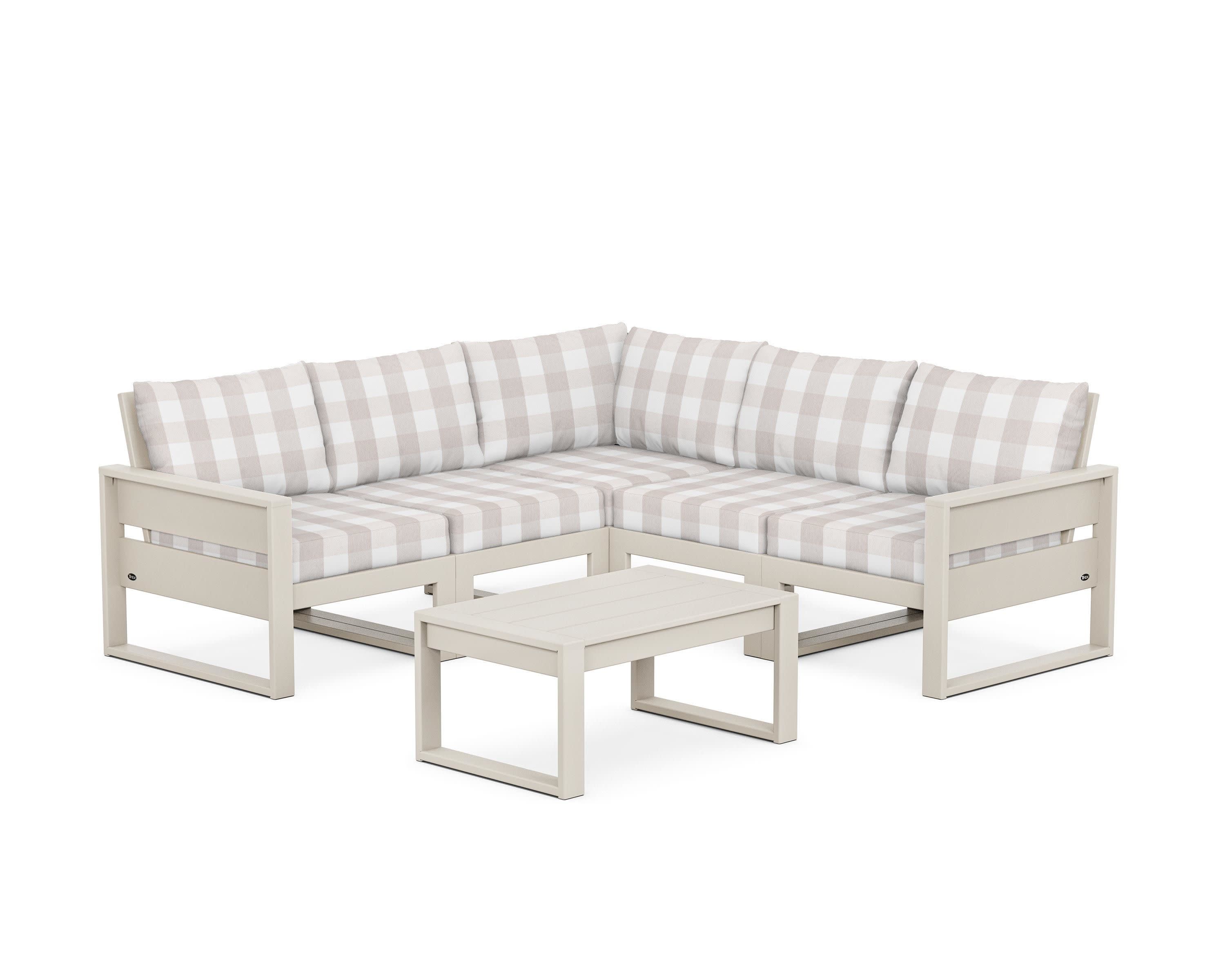 Eastport 6-Piece Deep Seating Sectional + Coffee Table Set in Sand Castle / Buffalo Plaid Dune Burlap