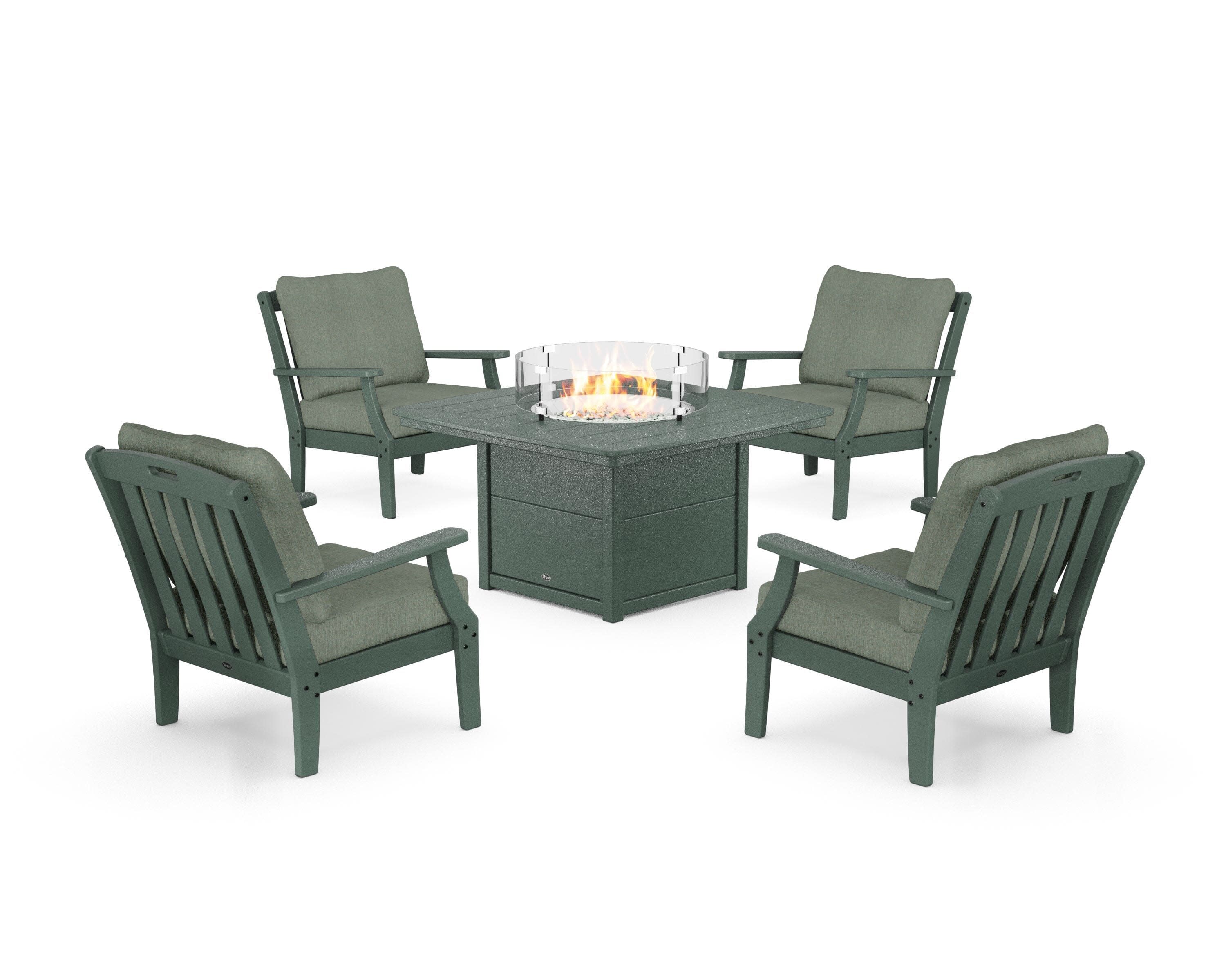 Yacht Club 5-Piece Deep Seating Set with Fire Pit Table in Rainforest Canopy / Cast Sage