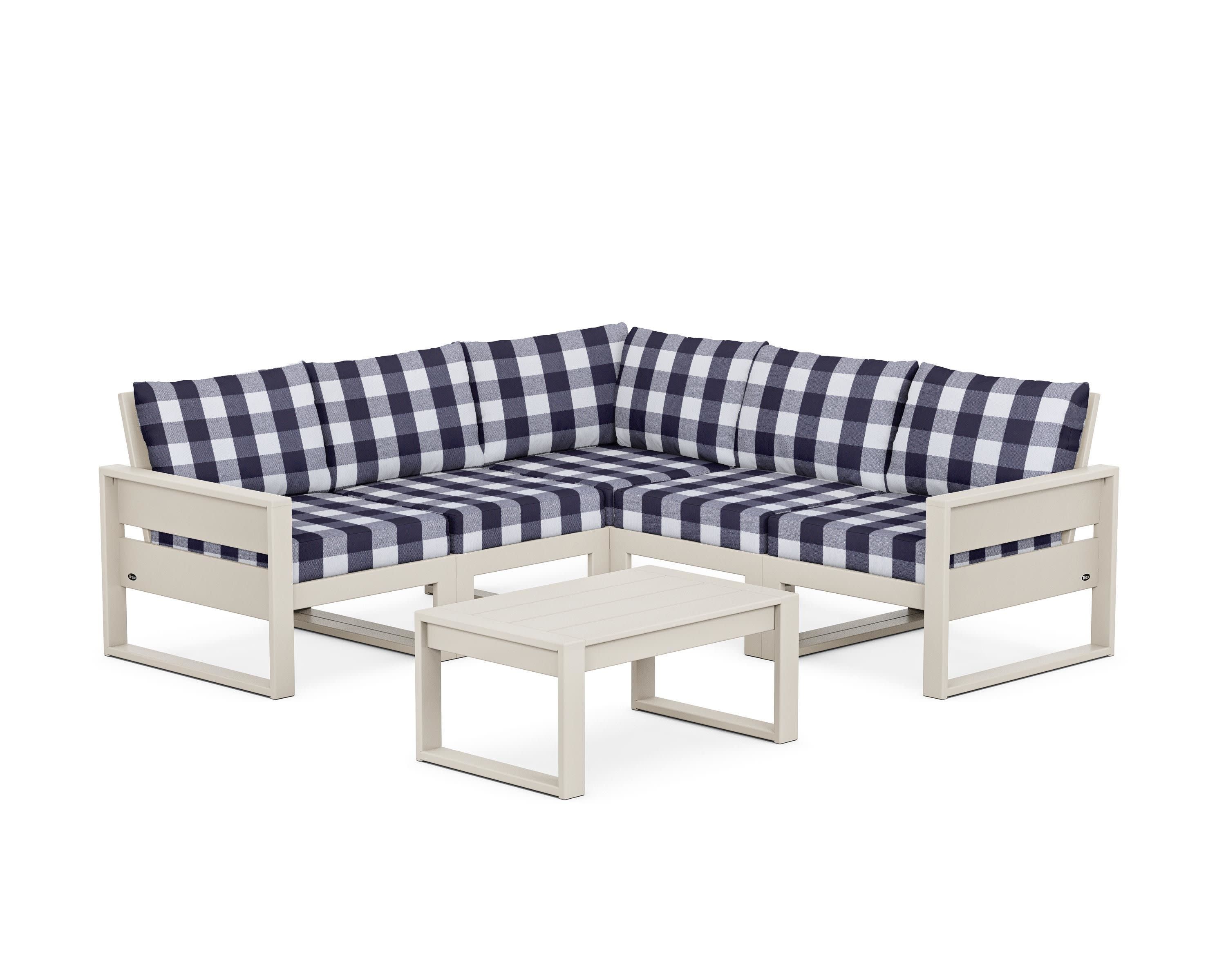 Eastport 6-Piece Deep Seating Sectional + Coffee Table Set in Sand Castle / Buffalo Plaid Navy