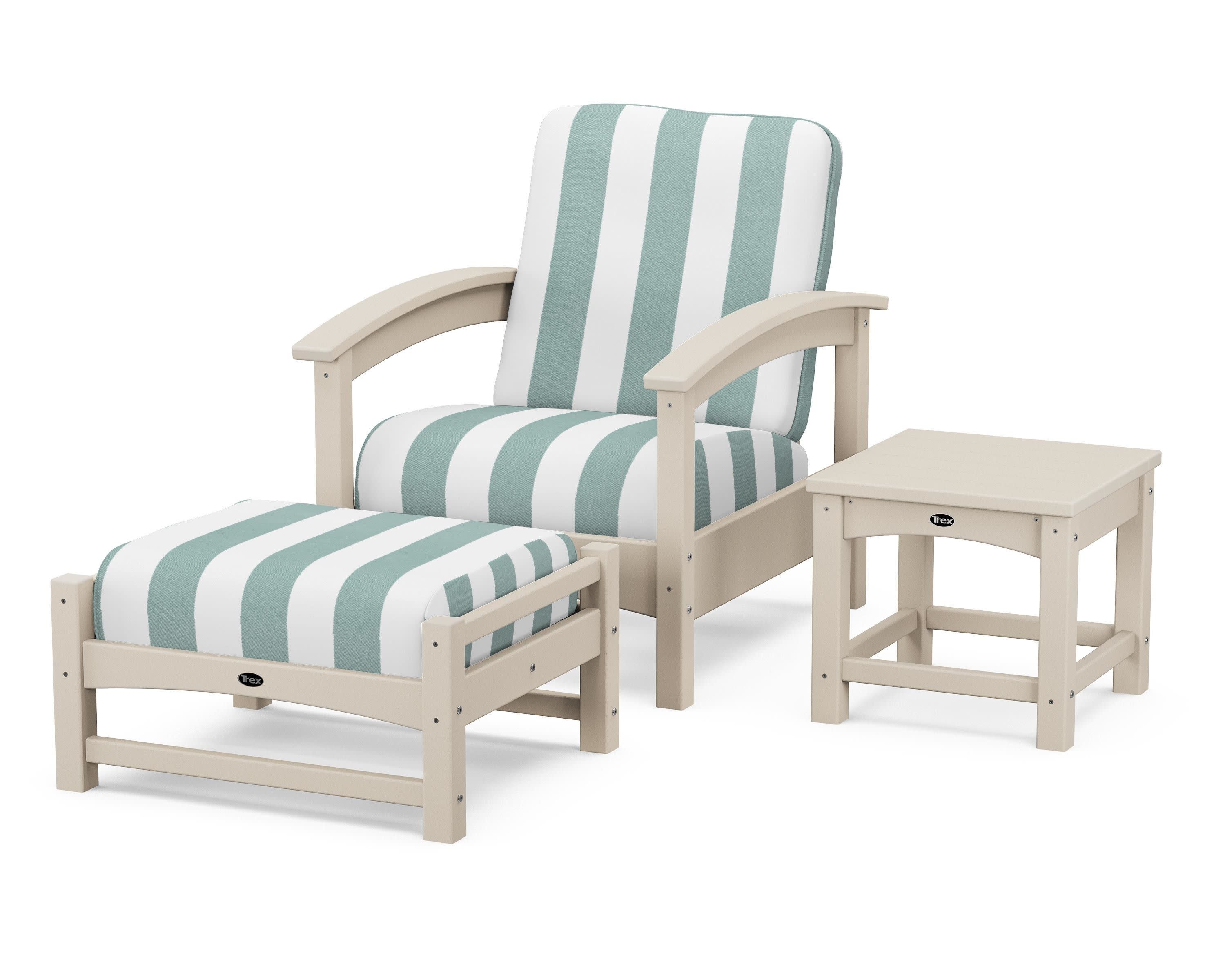 Rockport 3-Piece Deep Seating Set in Sand Castle / Cabana Stripe Glacier Spa