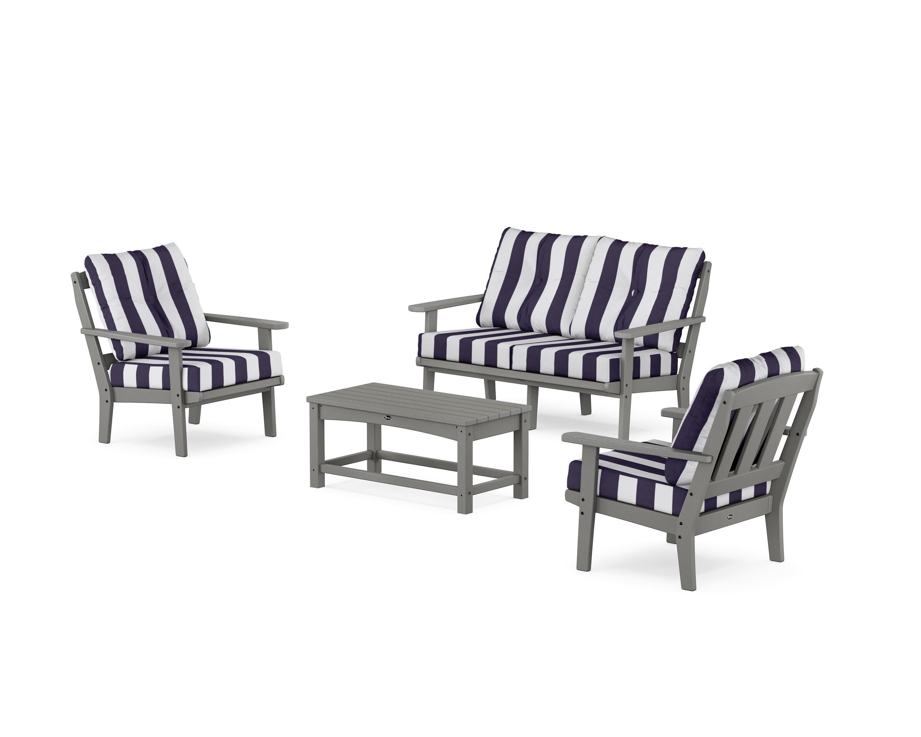 Cape Cod 4-Piece Deep Seating Set with Loveseat in Stepping Stone / Cabana Stripe Navy