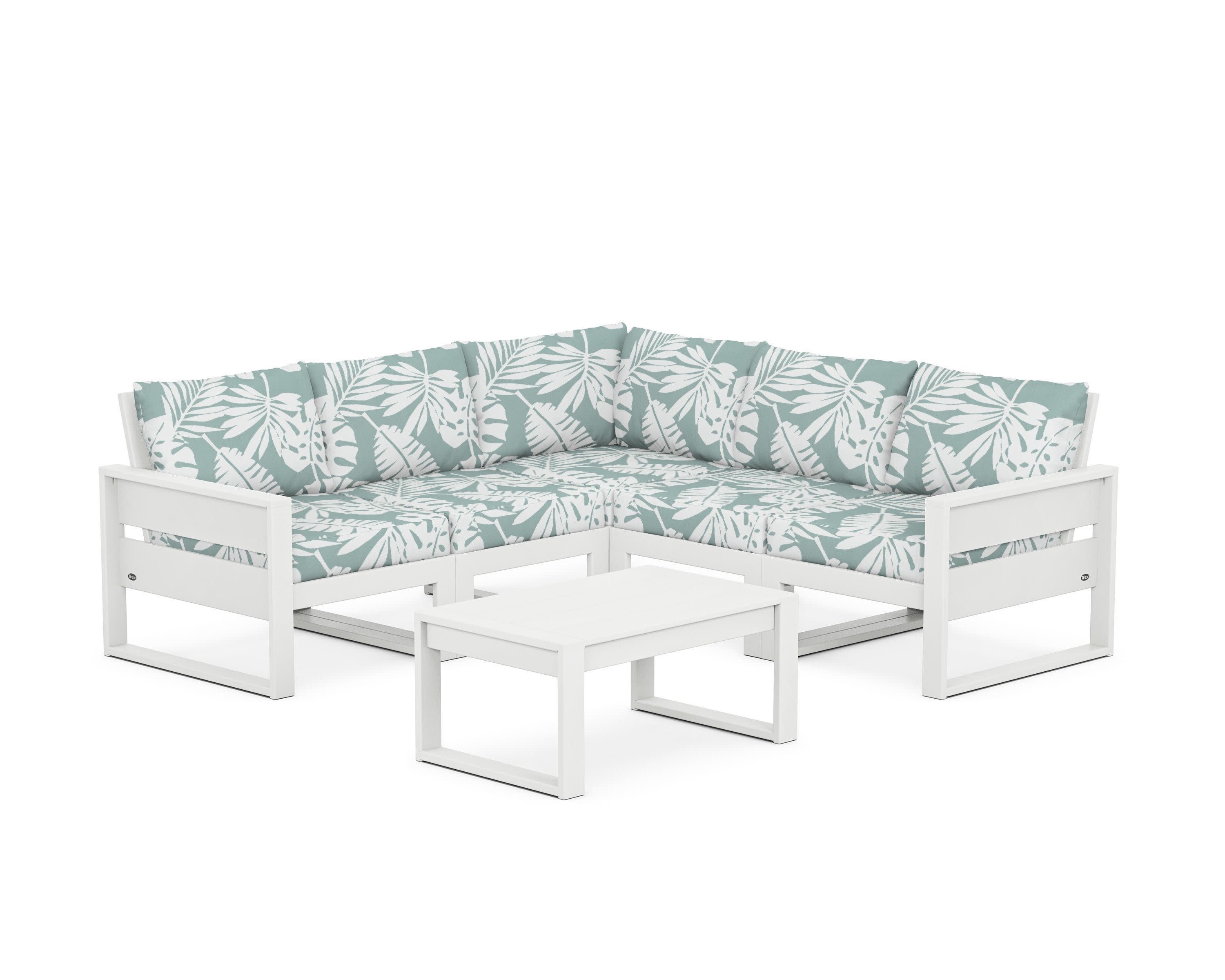 Eastport 6-Piece Deep Seating Sectional + Coffee Table Set in Classic White / Leaf Glacier Spa