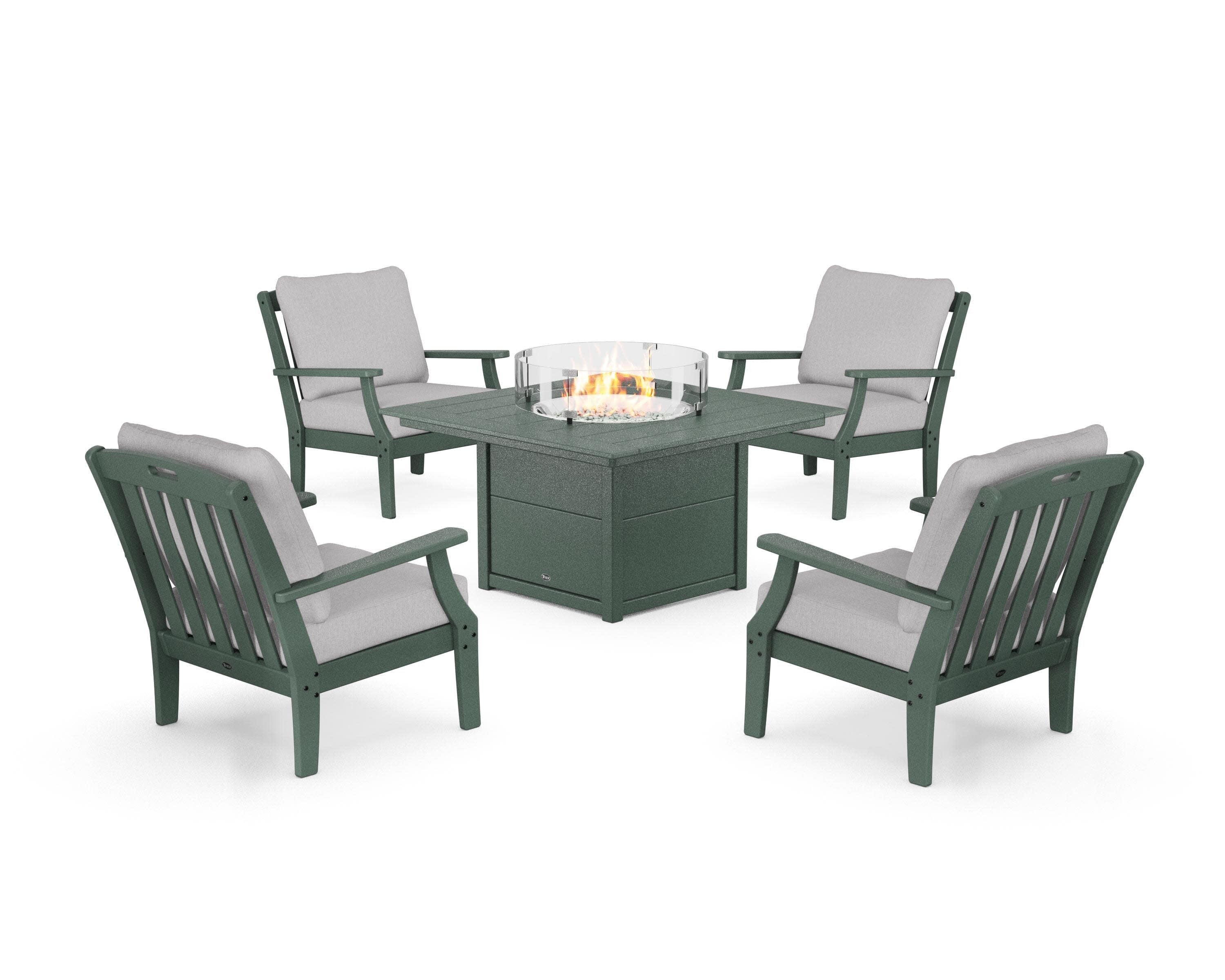 Yacht Club 5-Piece Deep Seating Set with Square Fire Pit Table in Rainforest Canopy / Granite