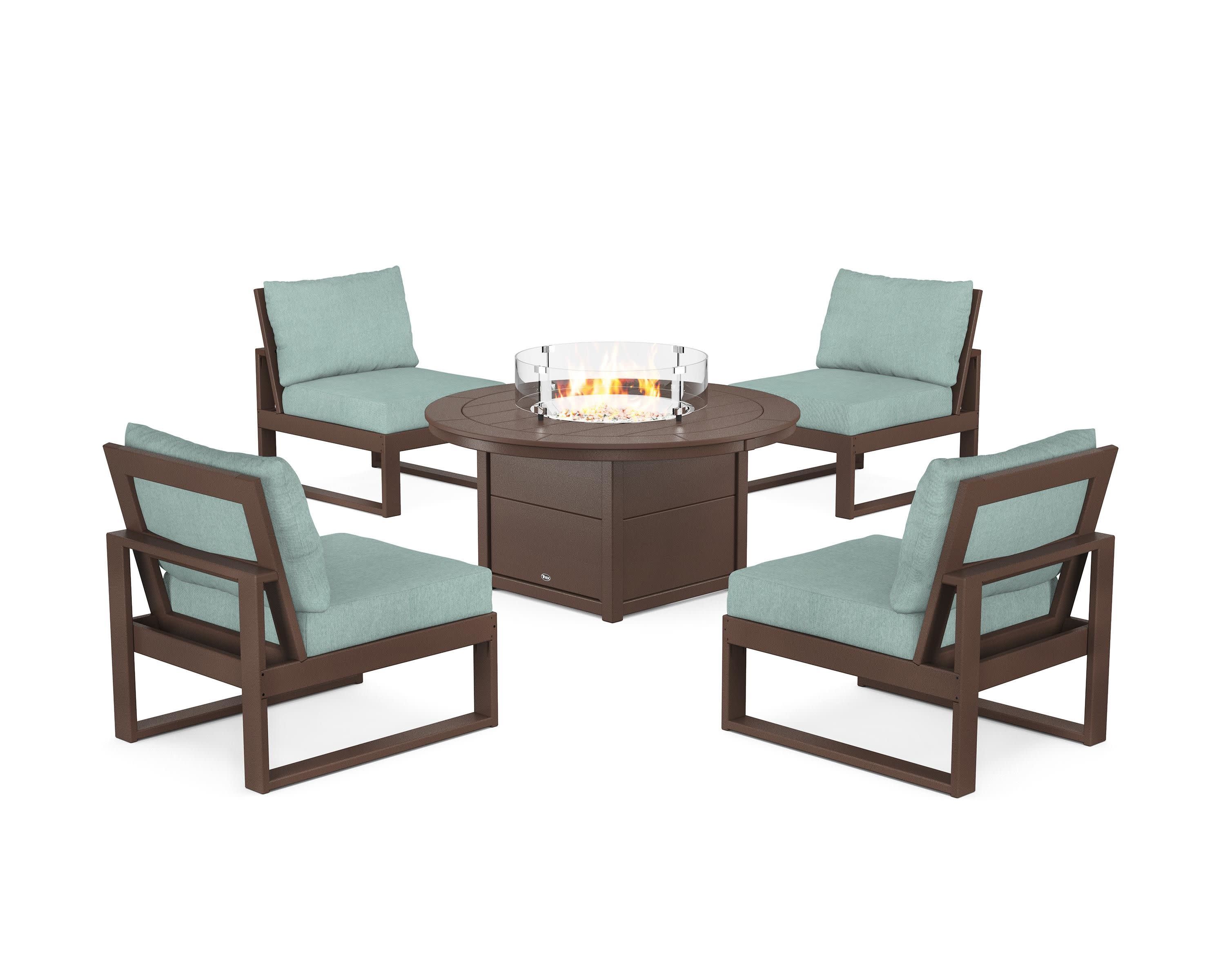 Eastport Modular 5-Piece Deep Seating Set with Round Fire Pit Table in Vintage Lantern / Glacier Spa