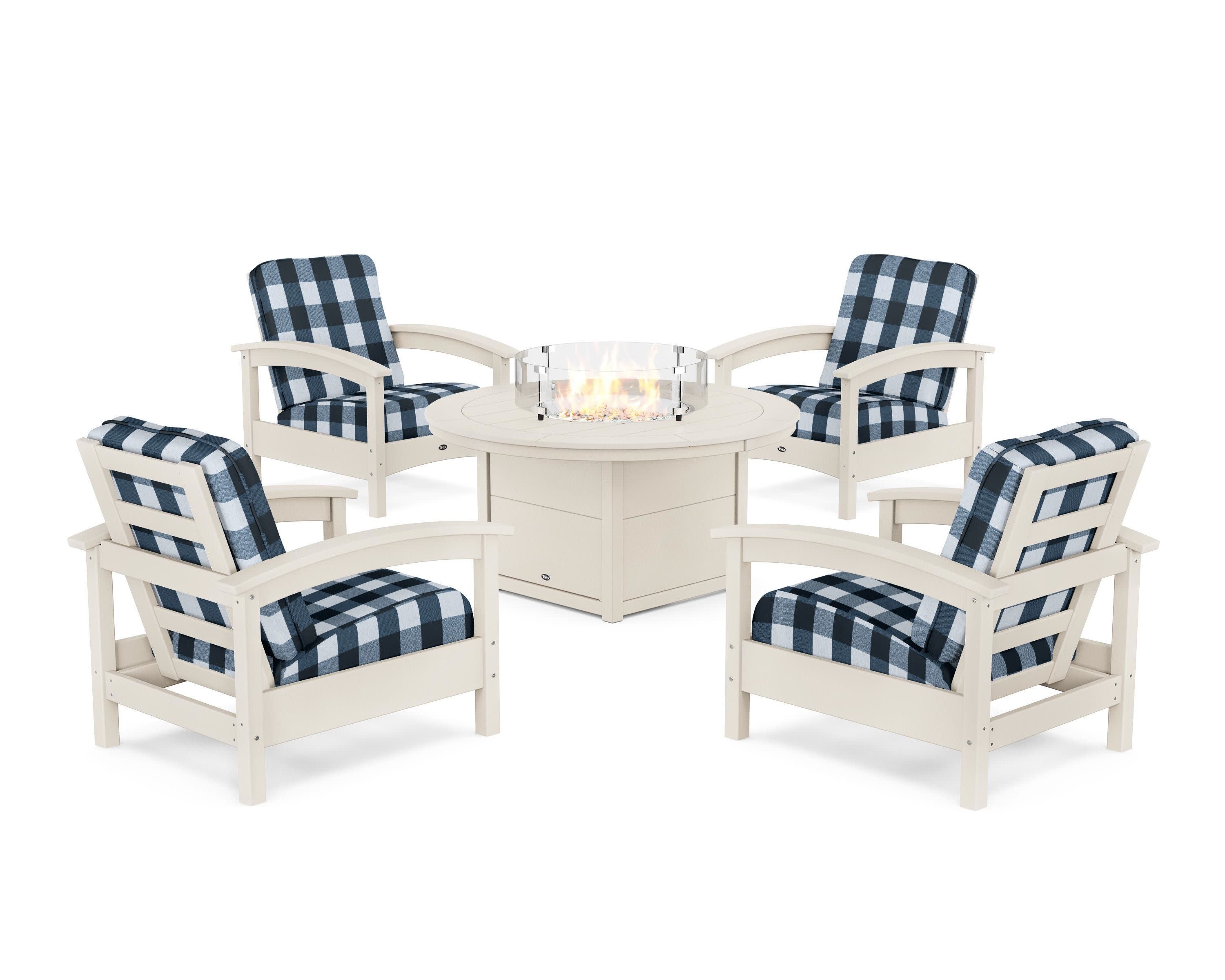 Rockport 5-Piece Deep Seating Set with Round Fire Pit Table in Sand Castle / Buffalo Plaid Marine Indigo
