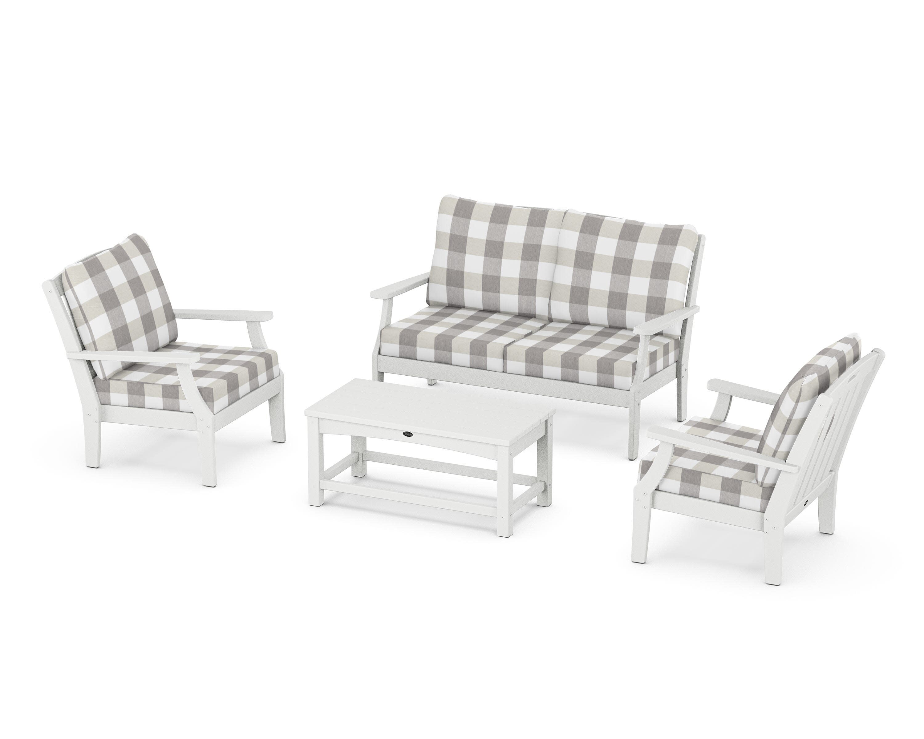 Yacht Club 4-Piece Deep Seating Chair Set in Classic White / Buffalo Plaid Grey Mist