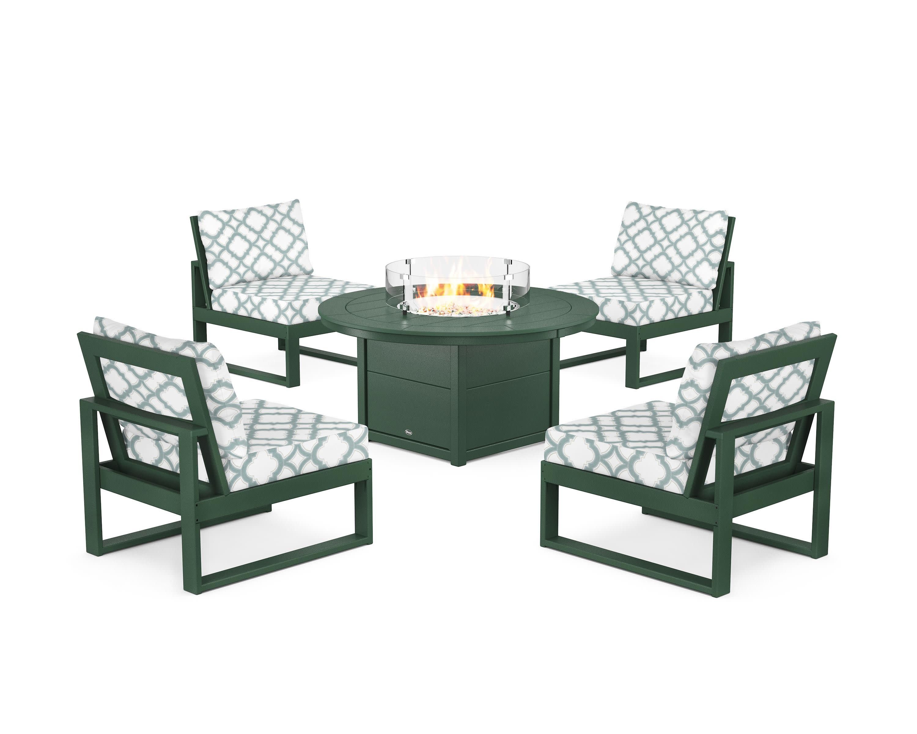 Eastport Modular 5-Piece Deep Seating Set with Round Fire Pit Table in Rainforest Canopy / Trellis Glacier Spa