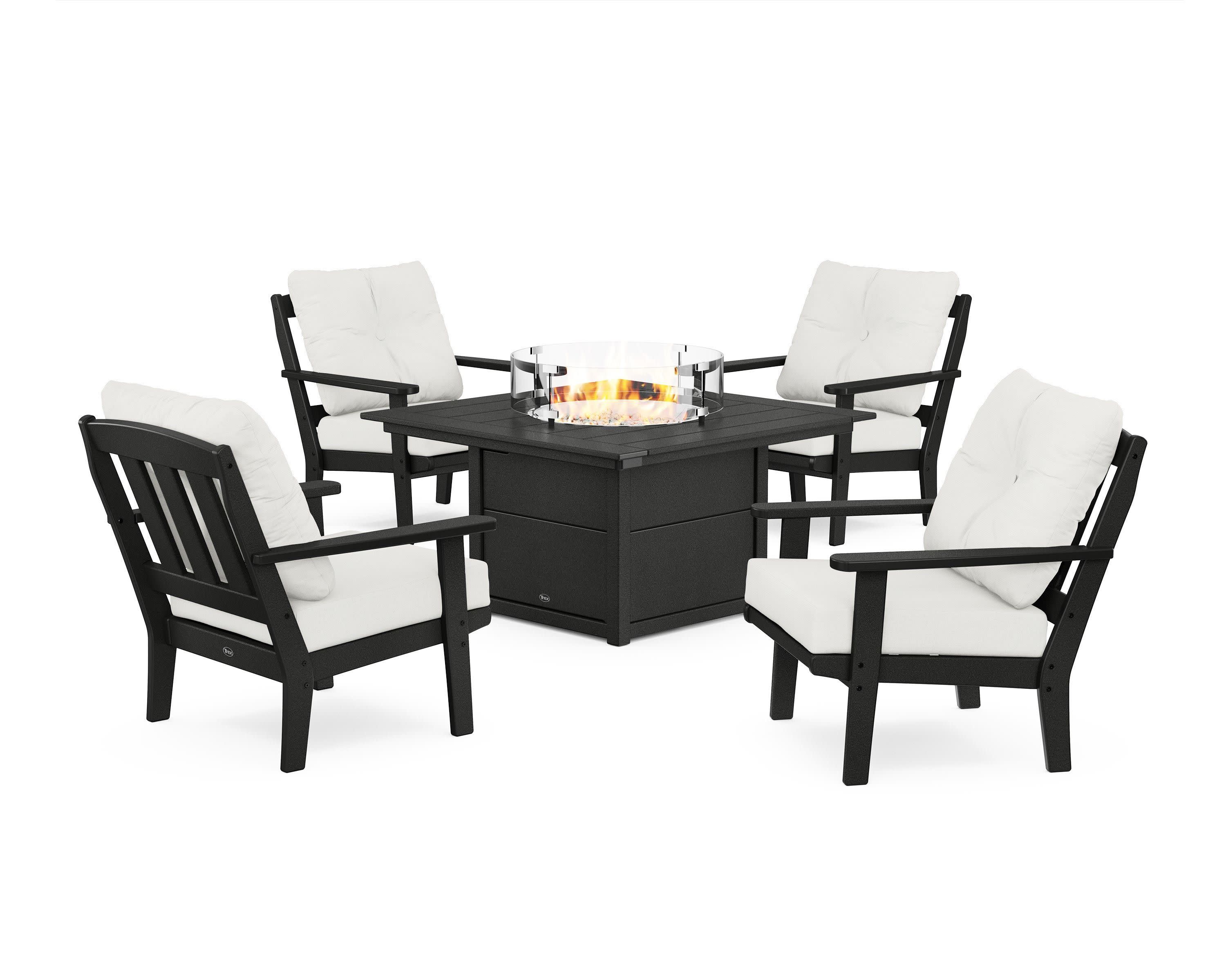 Cape Cod 5-Piece Deep Seating Set with Fire Pit Table in Charcoal Black / Natural Linen