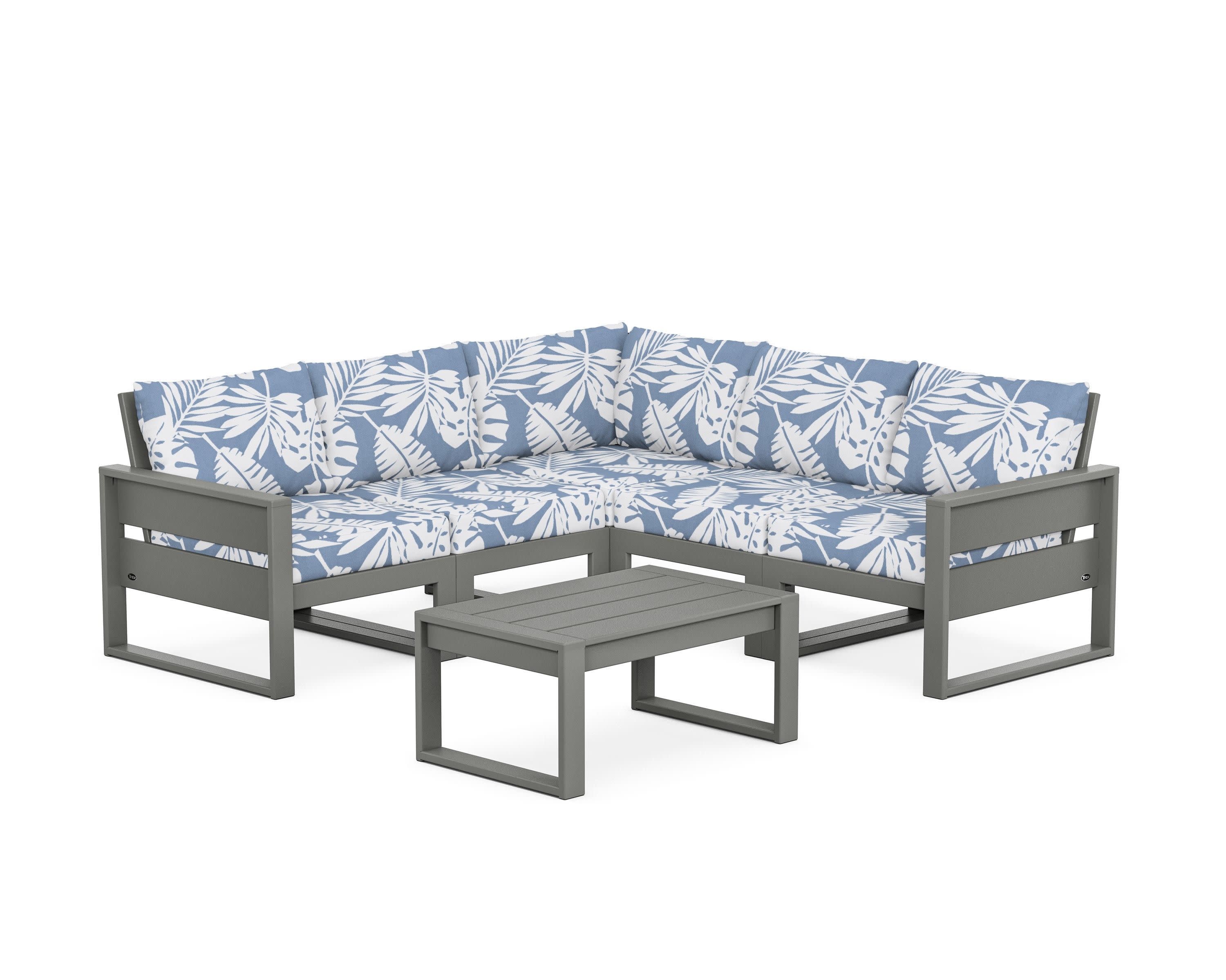Eastport 6-Piece Deep Seating Sectional + Coffee Table Set in Stepping Stone / Leaf Sky Blue