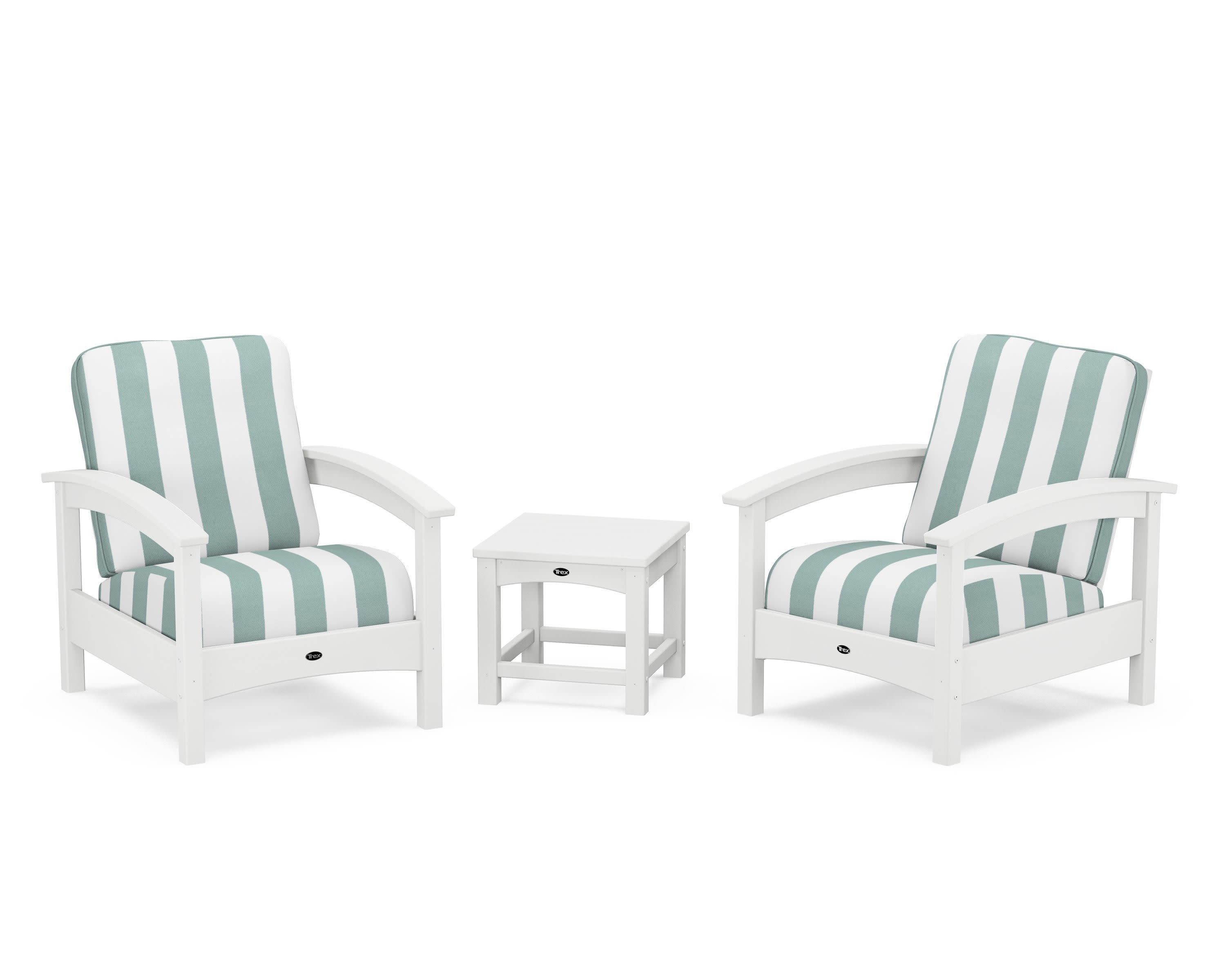 Rockport Club 3-Piece Deep Seating Conversation Set in Classic White / Cabana Stripe Glacier Spa