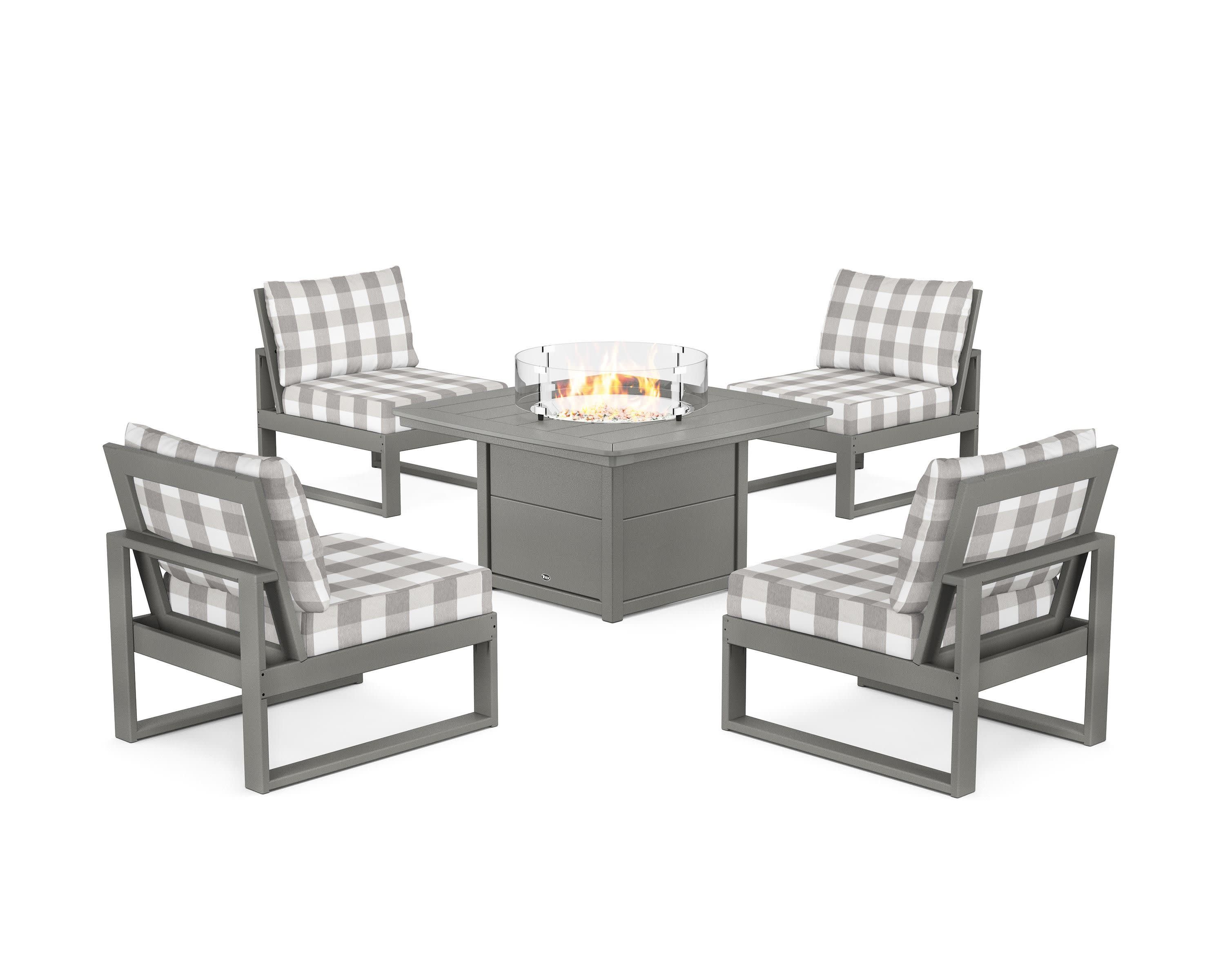 Eastport Modular 5-Piece Deep Seating Set with Yacht Club Fire Pit Table in Stepping Stone / Buffalo Plaid Grey Mist