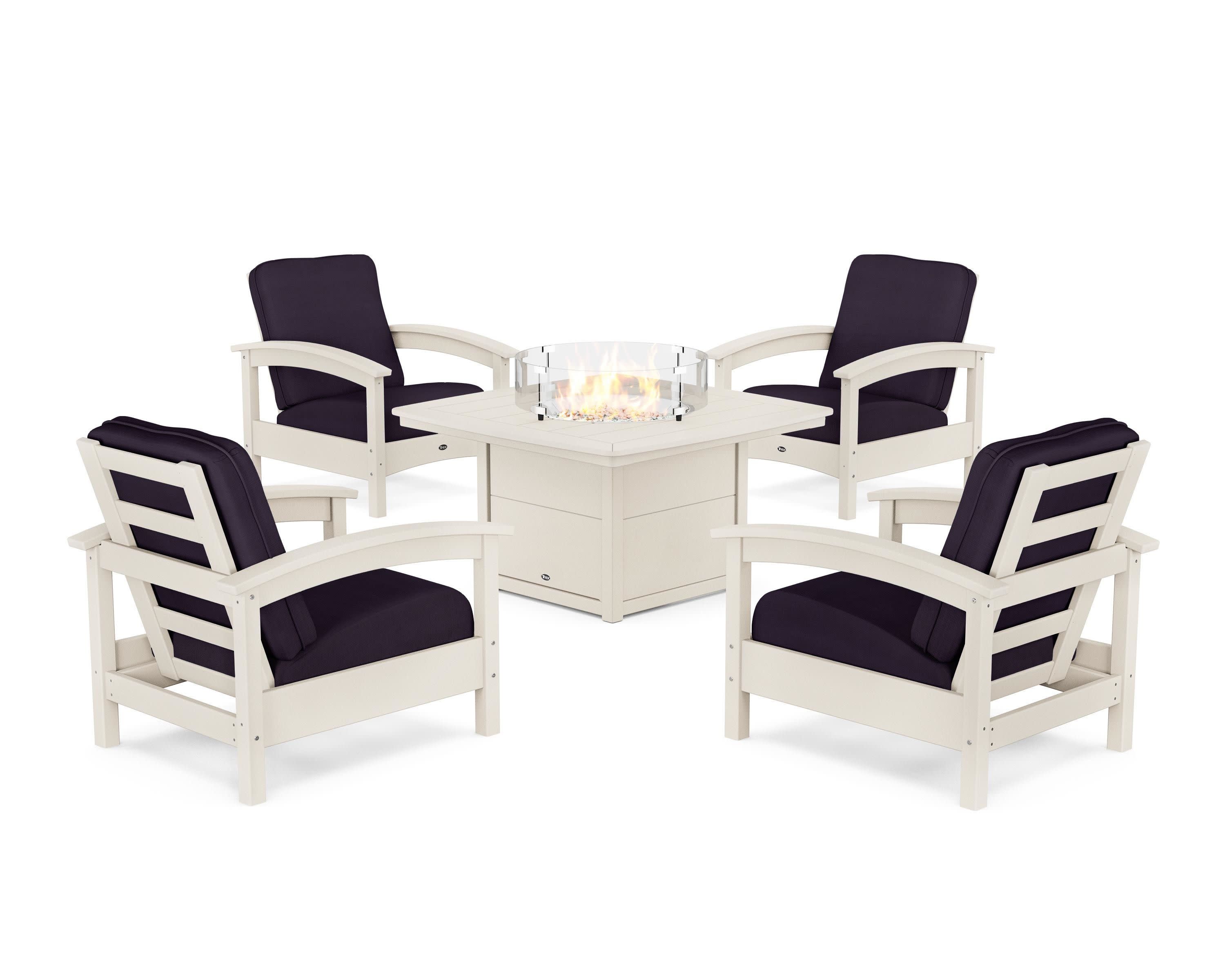 Rockport 5-Piece Deep Seating Set with Yacht Club Fire Pit Table in Sand Castle / Navy Linen