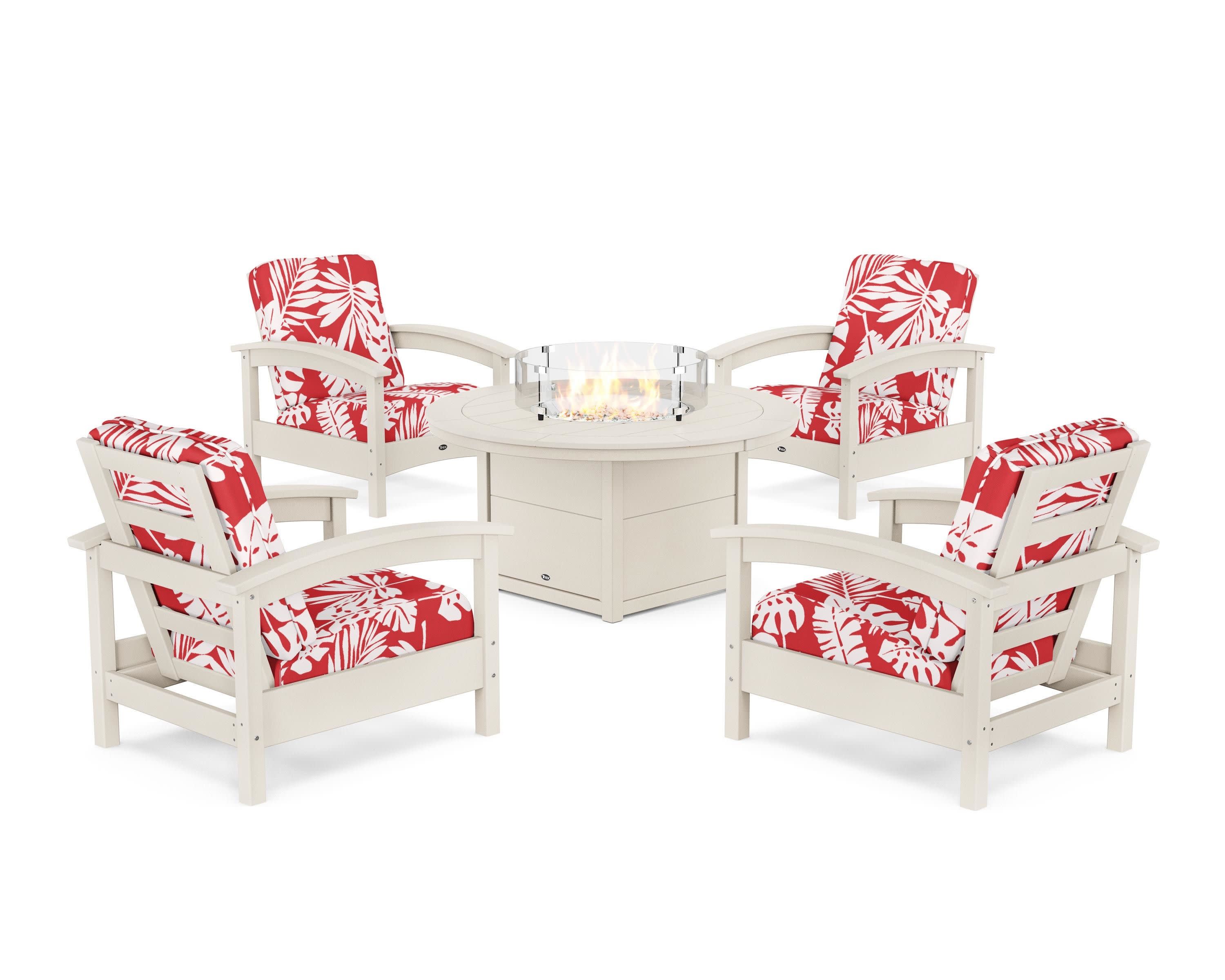 Rockport 5-Piece Deep Seating Set with Round Fire Pit Table in Sand Castle / Leaf Crimson