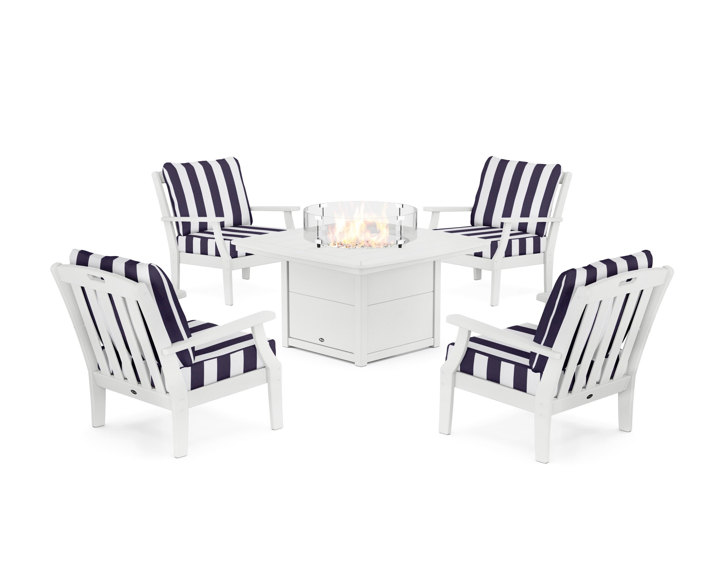 Yacht Club 5-Piece Deep Seating Set with Fire Pit Table in Classic White / Cabana Stripe Navy