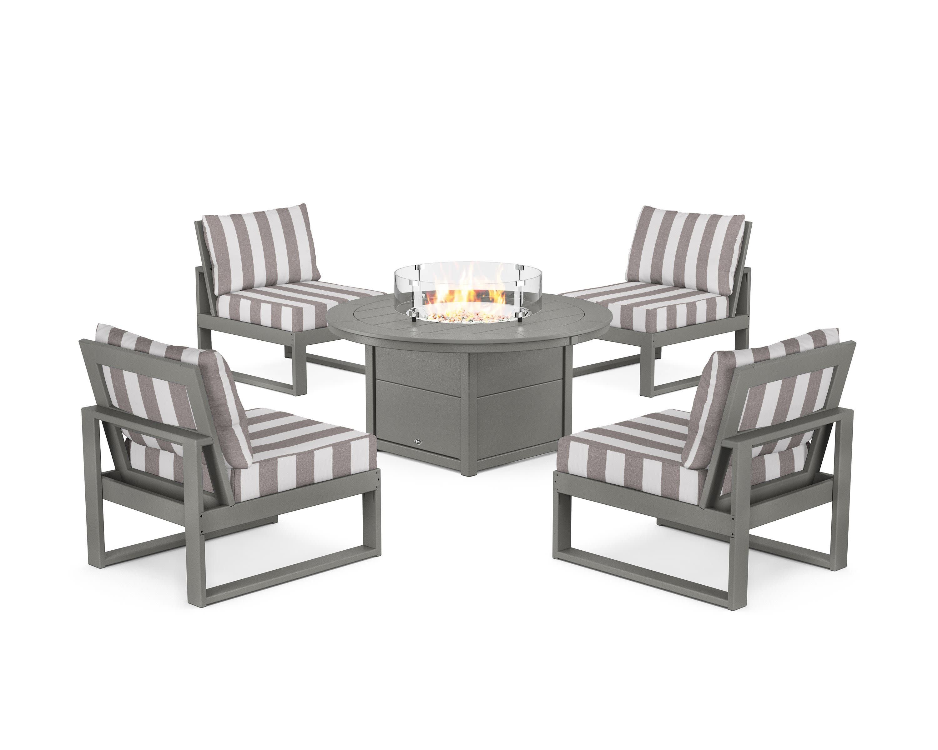 Eastport Modular 5-Piece Deep Seating Set with Round Fire Pit Table in Stepping Stone / Cabana Stripe Grey Mist