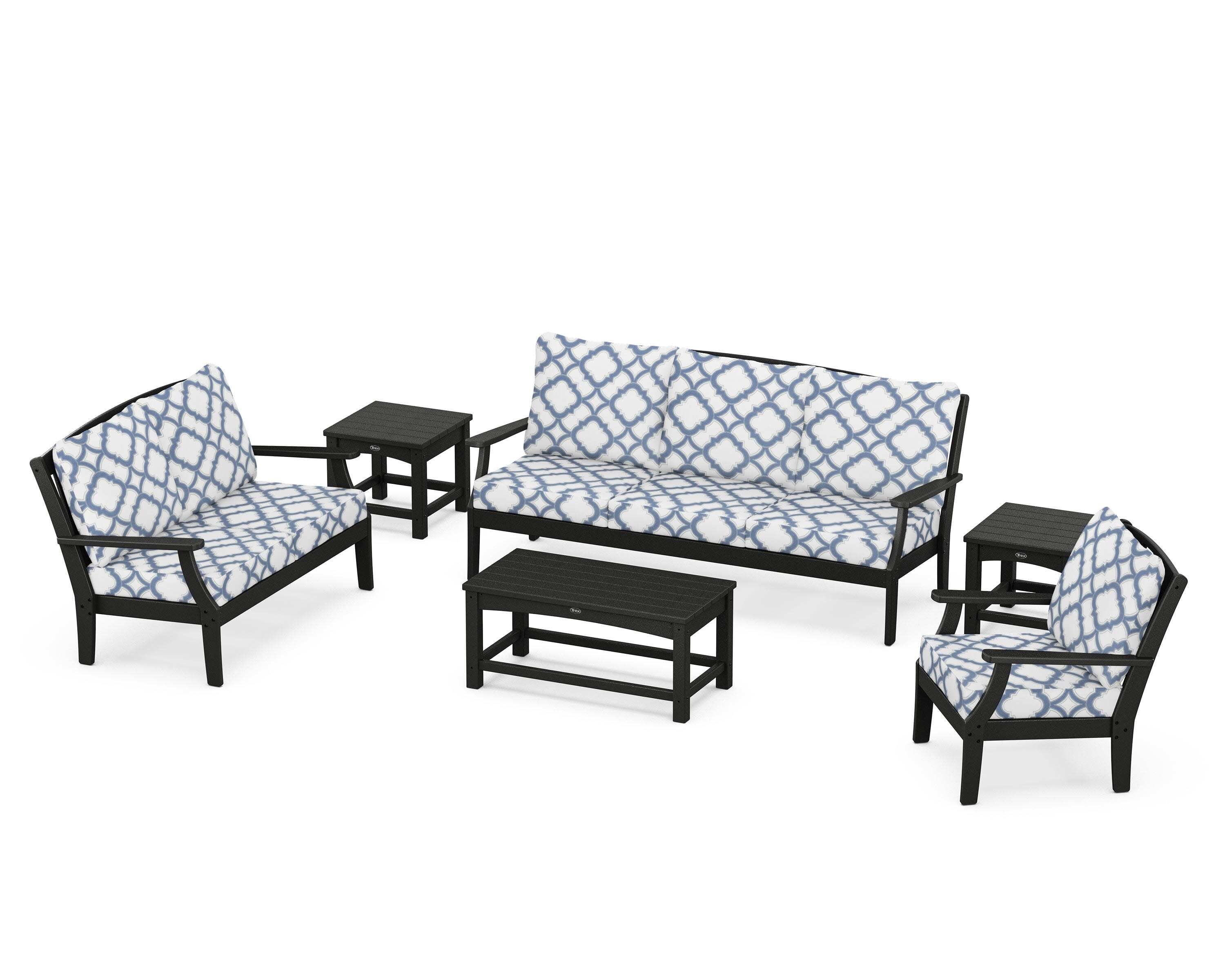 Yacht Club 6-Piece Deep Seating Set in Charcoal Black / Trellis Sky Blue
