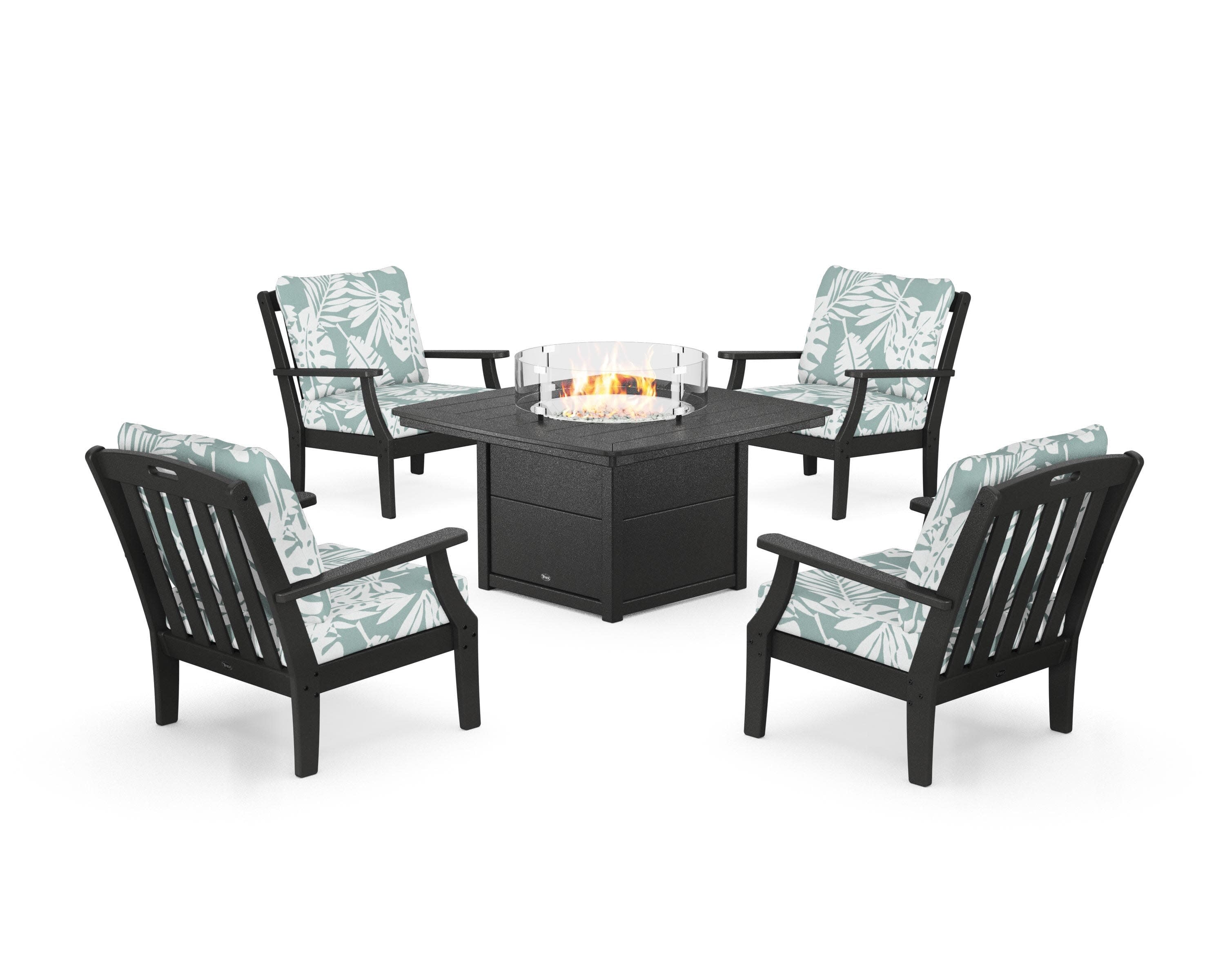 Yacht Club 5-Piece Deep Seating Set with Fire Pit Table in Charcoal Black / Leaf Glacier Spa