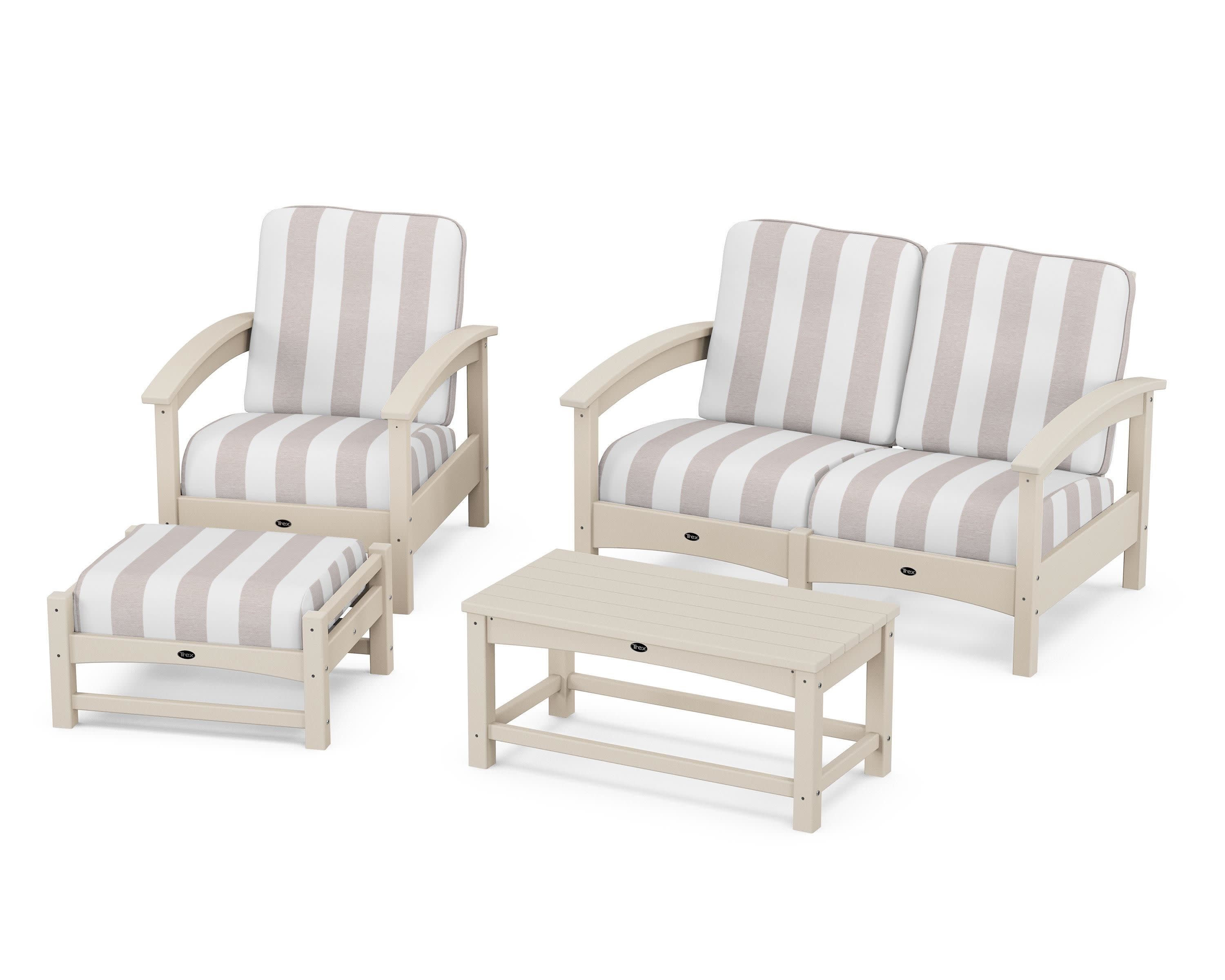 Rockport 4-Piece Deep Seating Conversation Group in Sand Castle / Cabana Stripe Dune Burlap